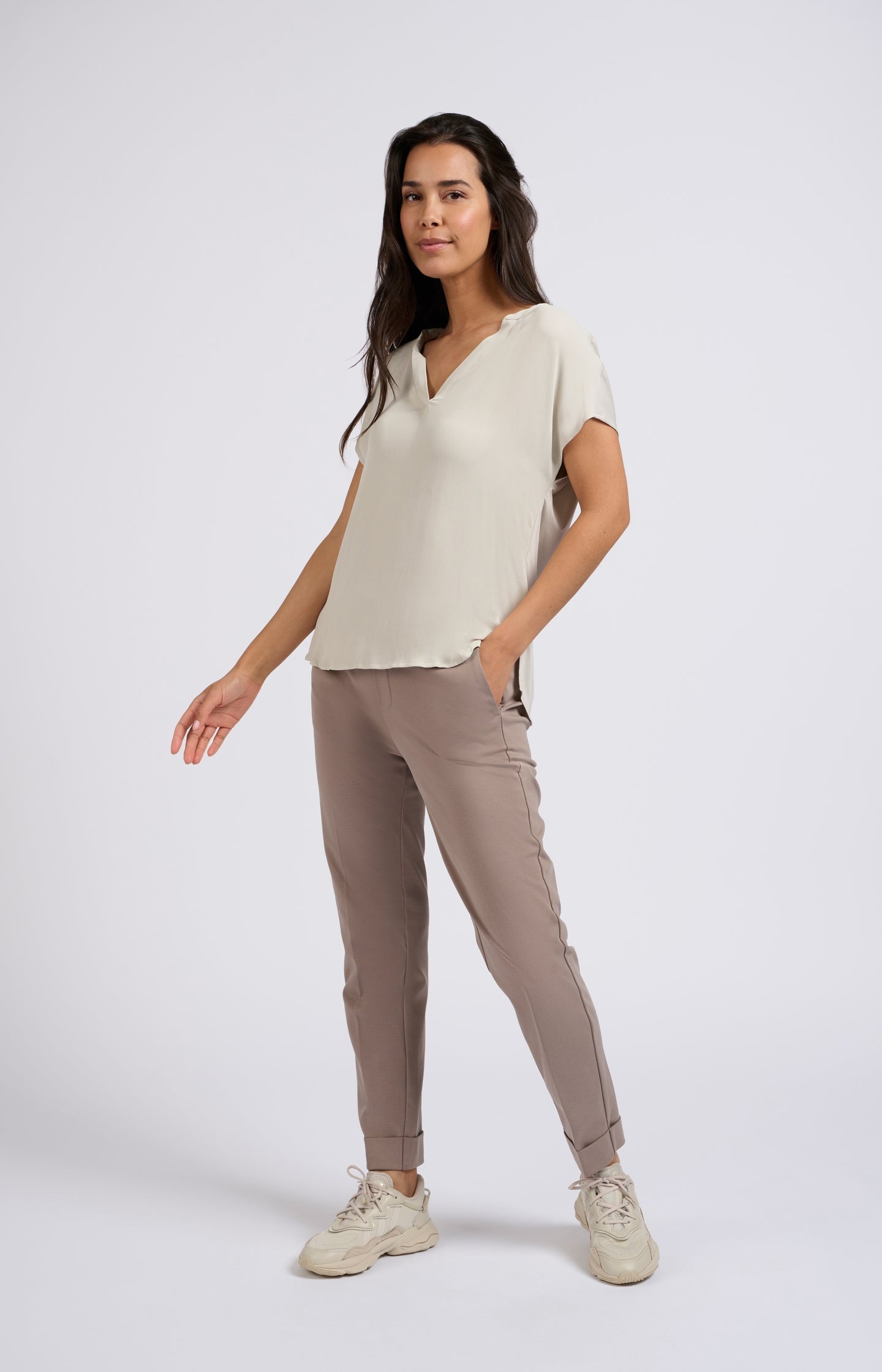 Flowy top with short sleeves, V-neck in mixed materials