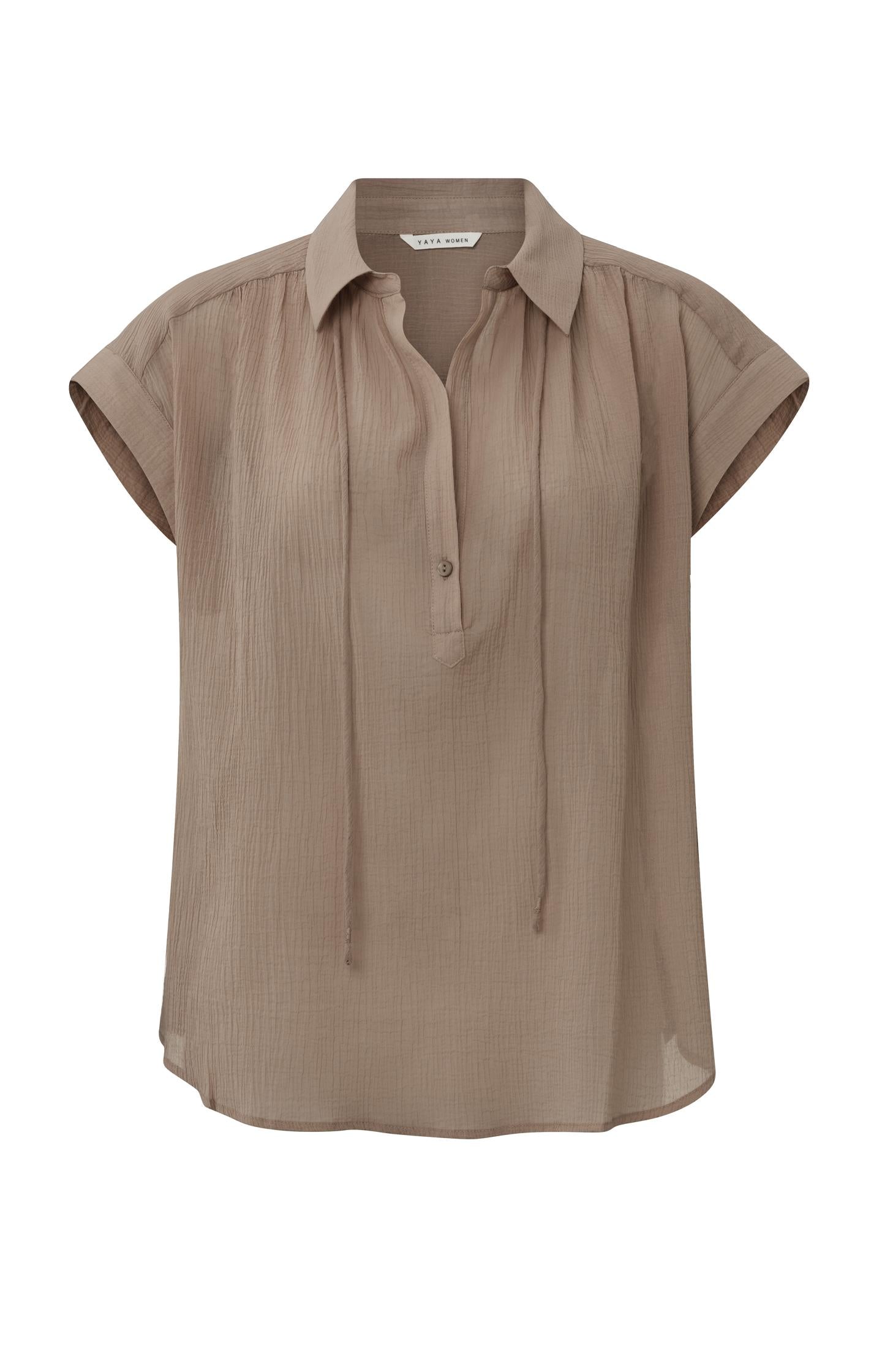 Sleeveless woven top with V-neck, button and pleated details - Type: product