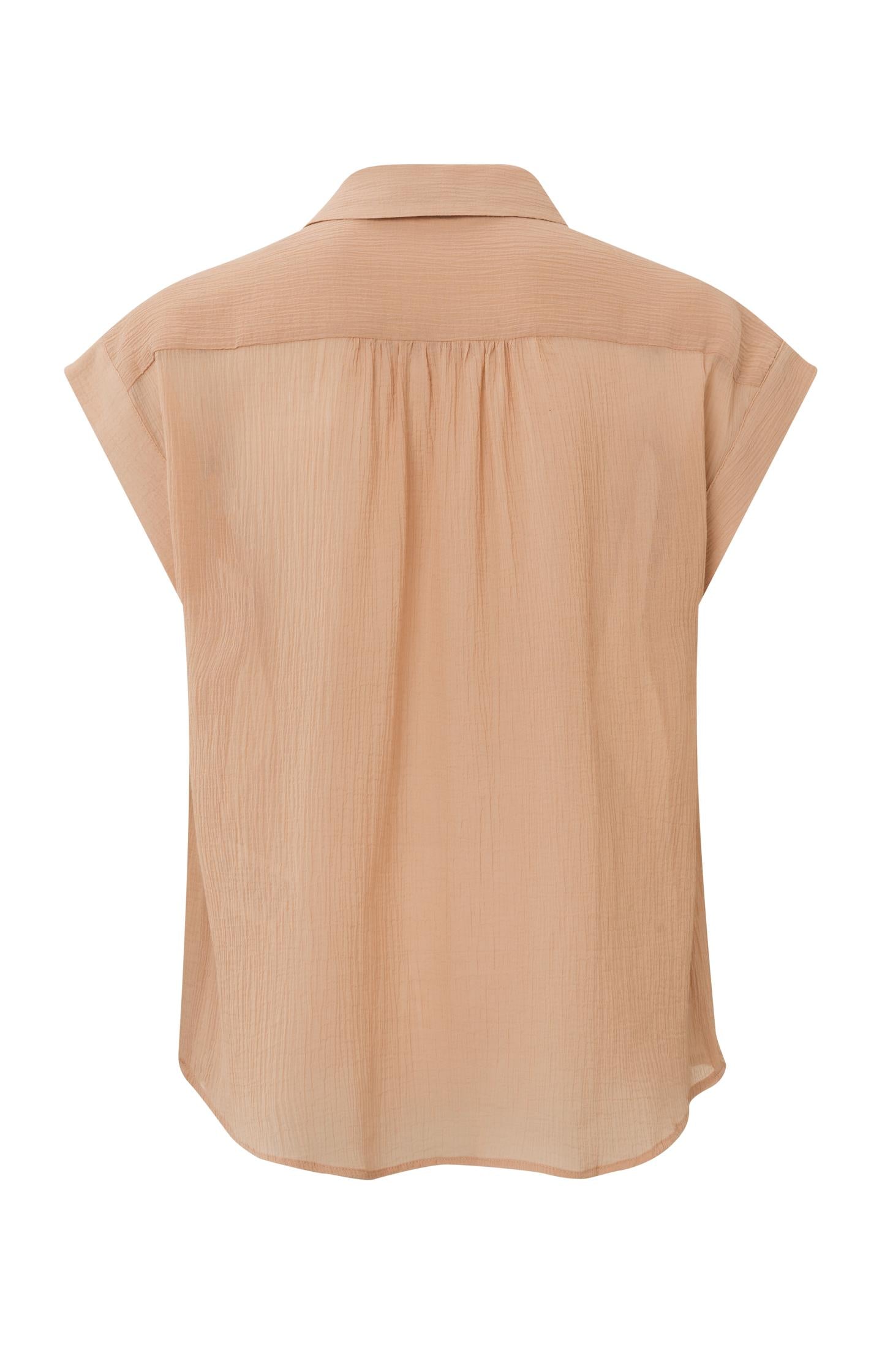 Sleeveless woven top with V-neck, button and pleated details