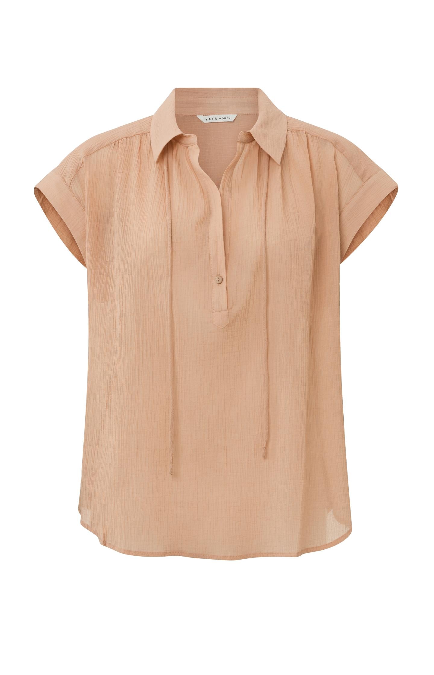 Sleeveless woven top with V-neck, button and pleated details - Type: product