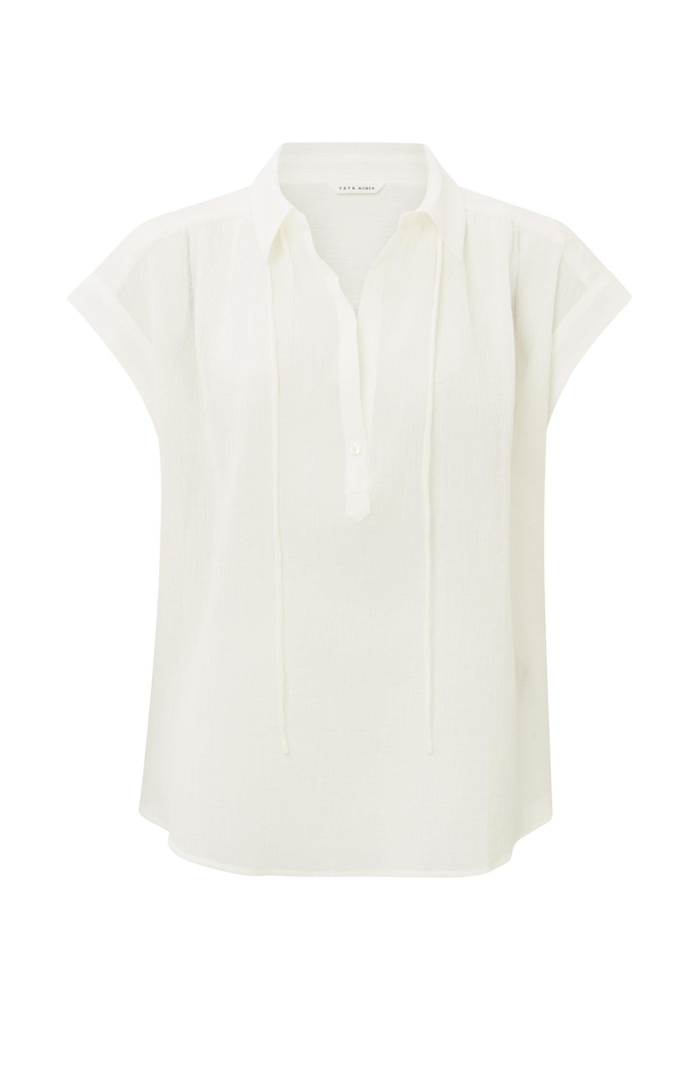 Sleeveless woven top with V-neck, button and pleated details - Type: product