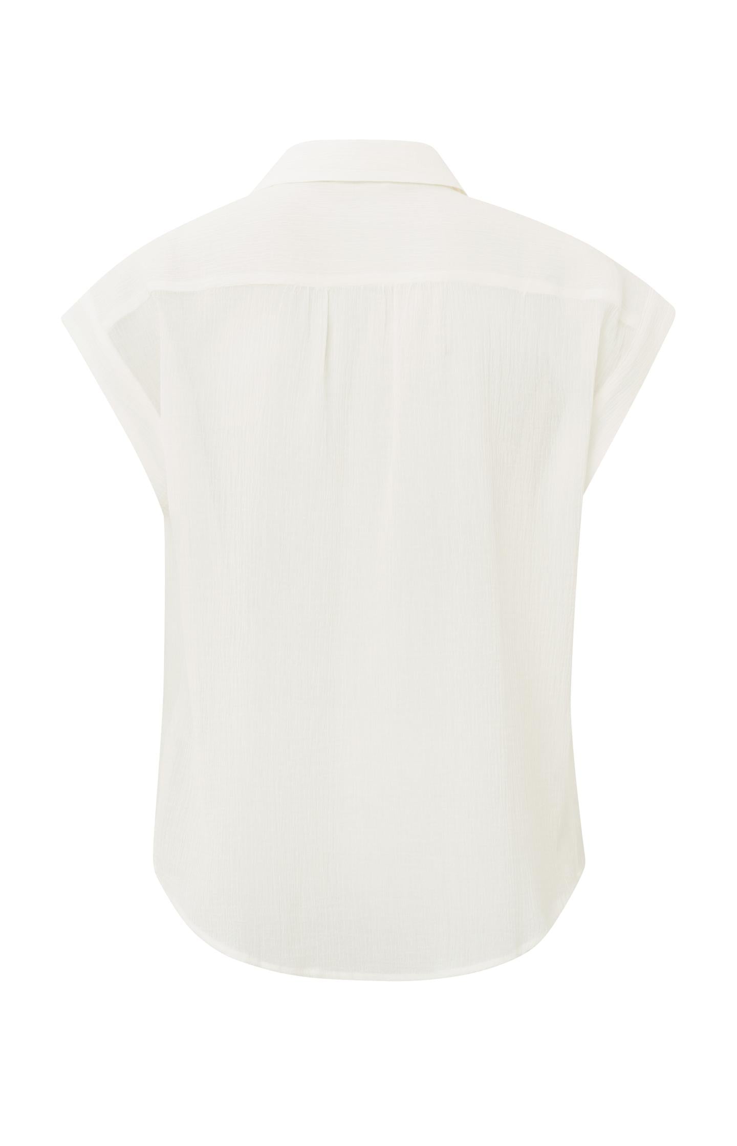 Sleeveless woven top with V-neck, button and pleated details