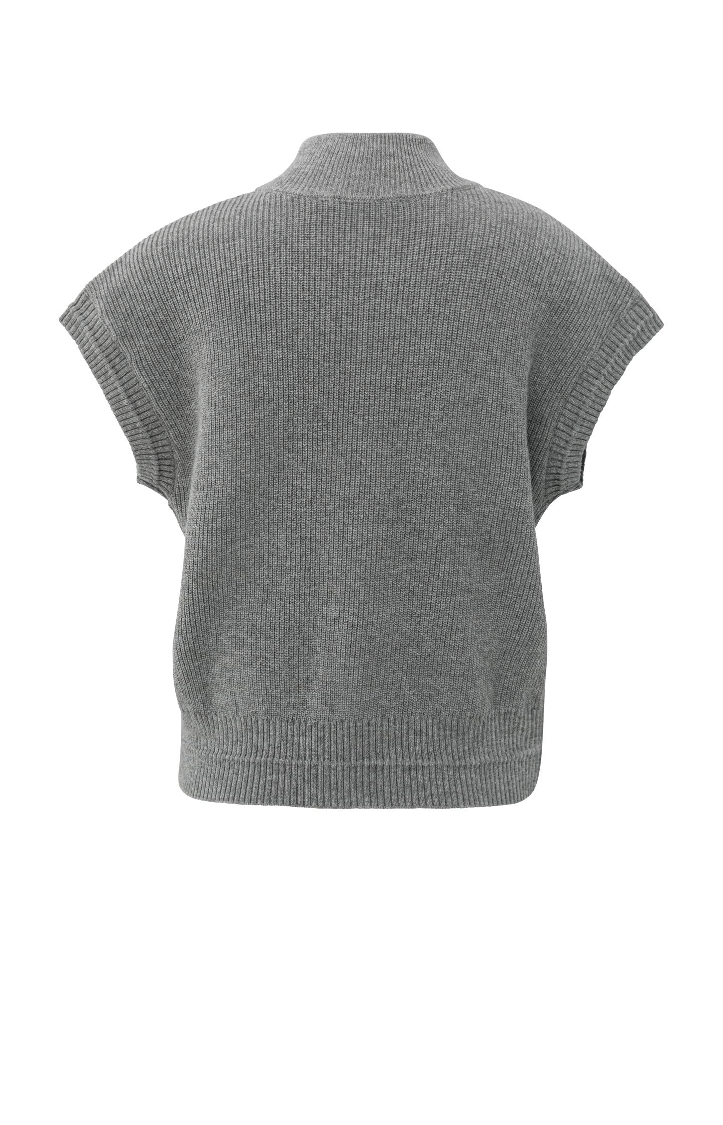 Sleeveless zip-up cardigan with stand-up collar