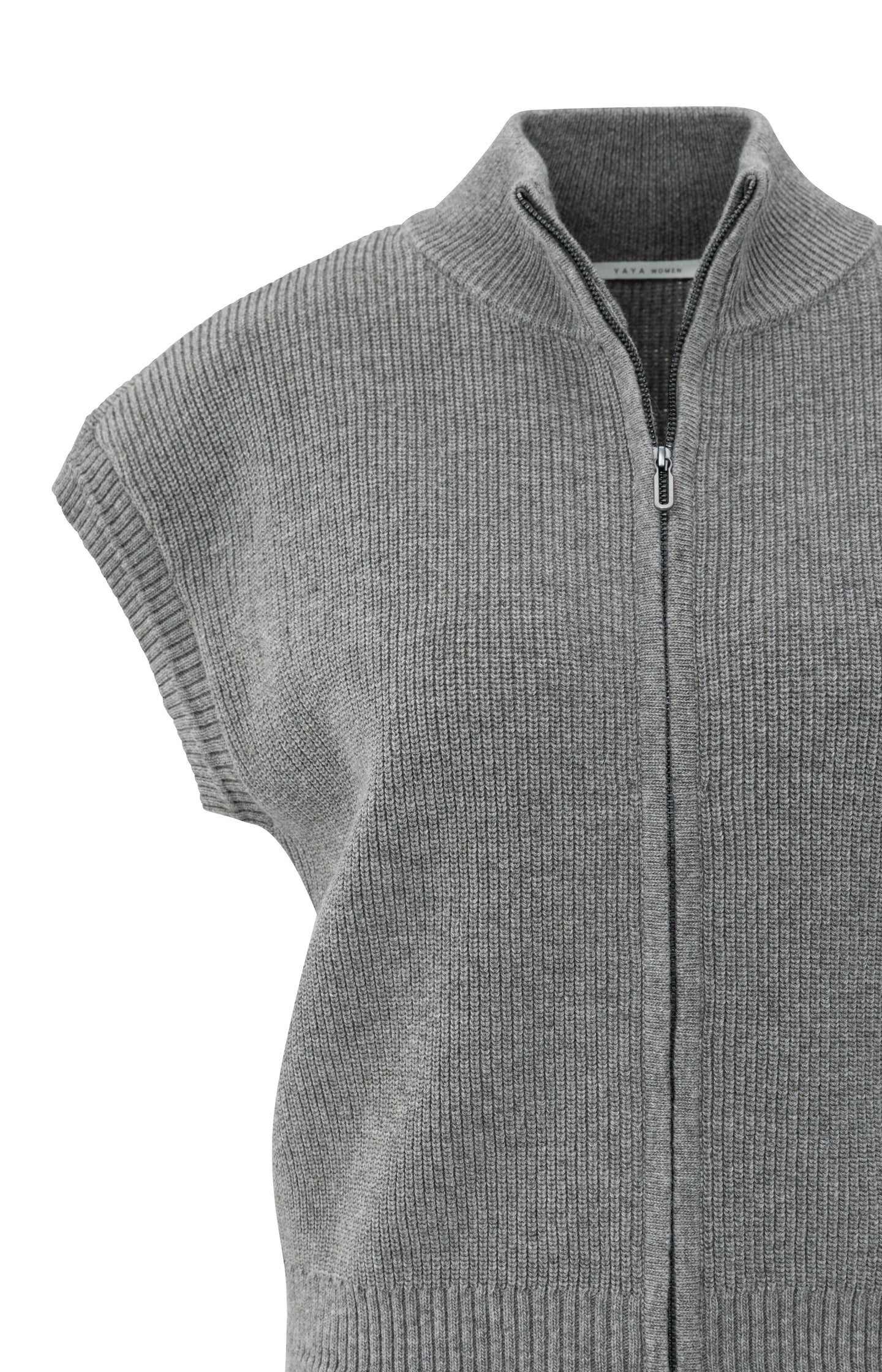 Sleeveless zip-up cardigan with stand-up collar