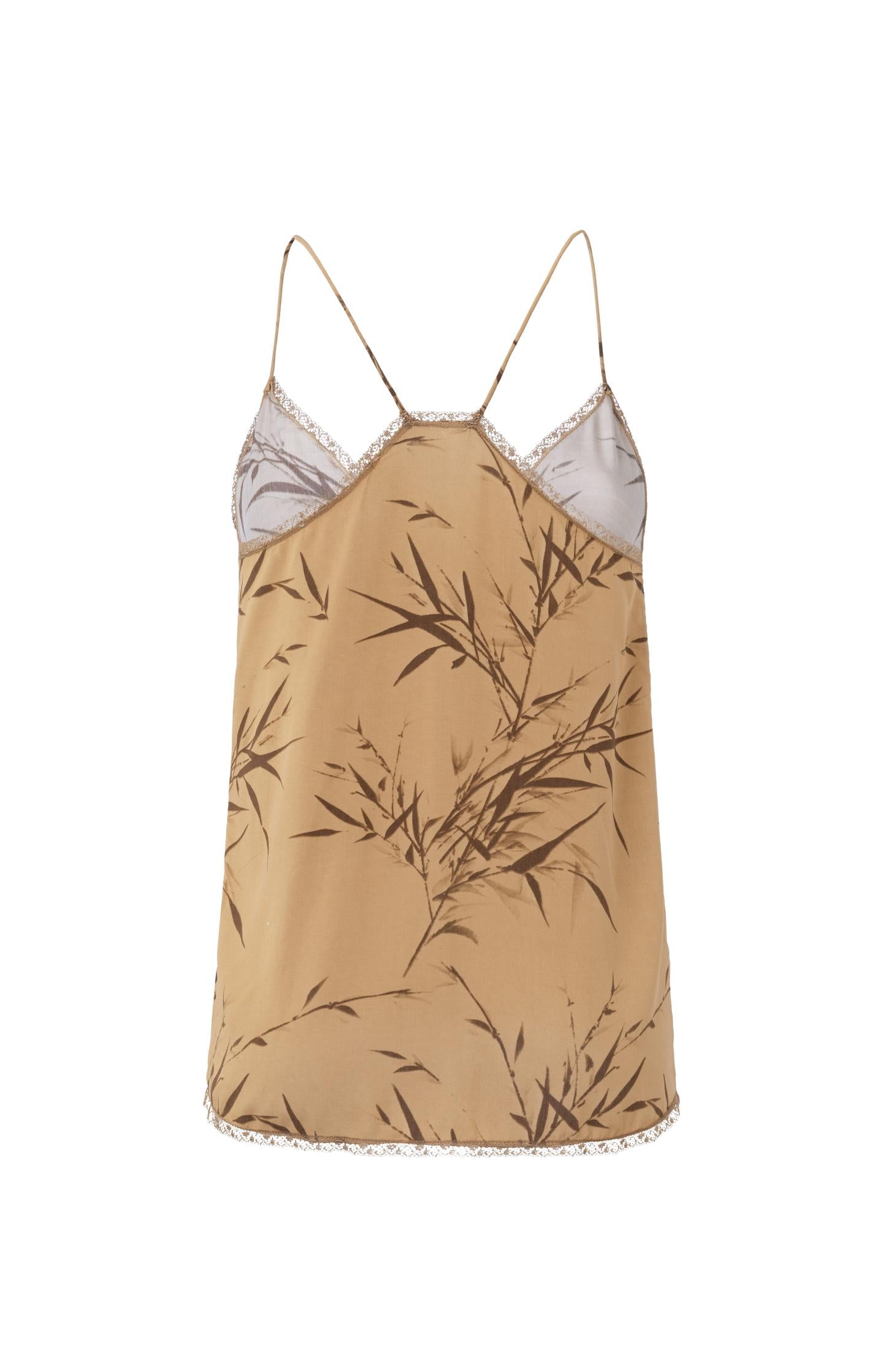 Slip singlet with V-neck, bamboo print and lace details