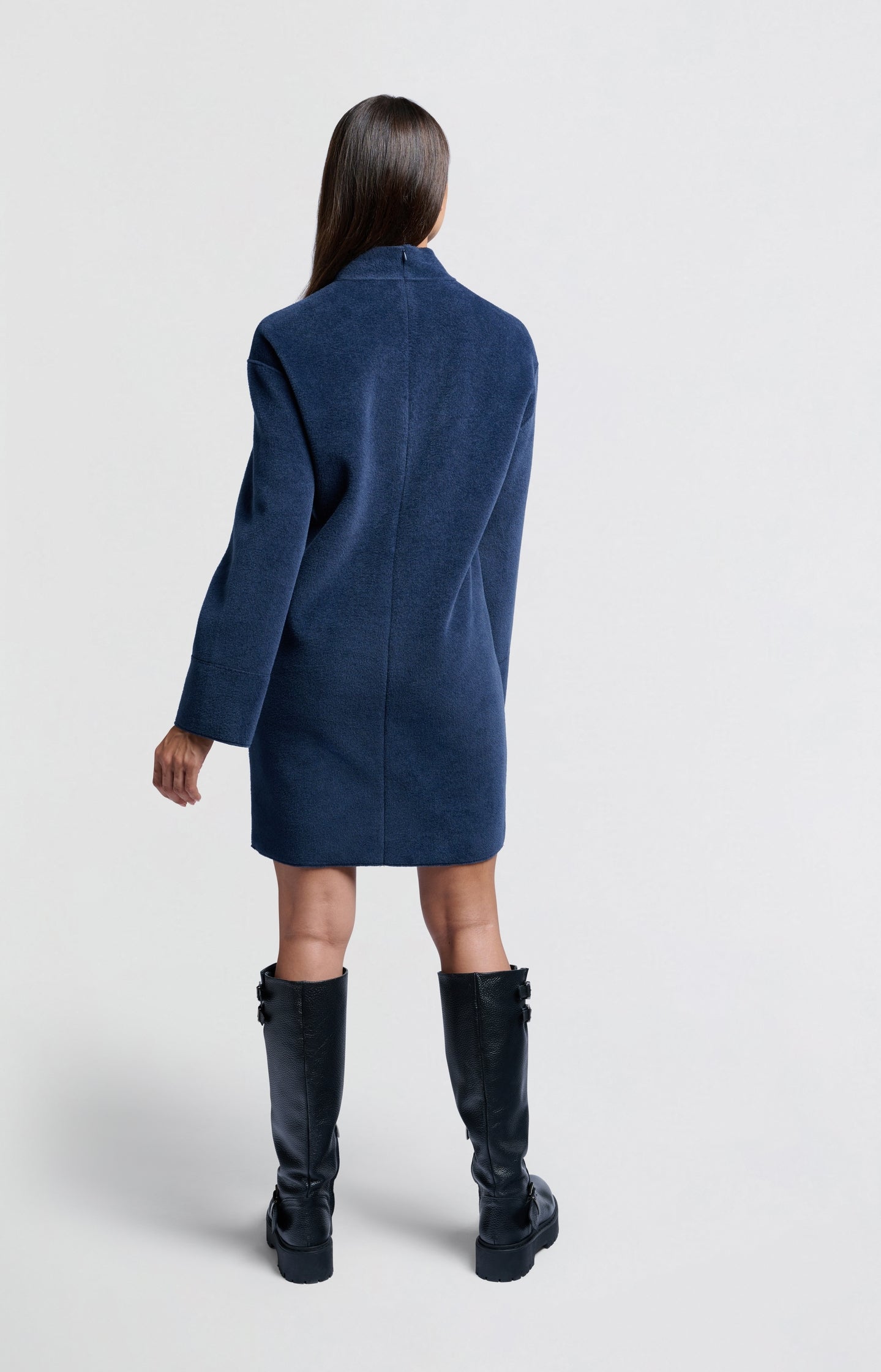 Soft dark blue dress with high neck and wide sleeves - Type: lookbook