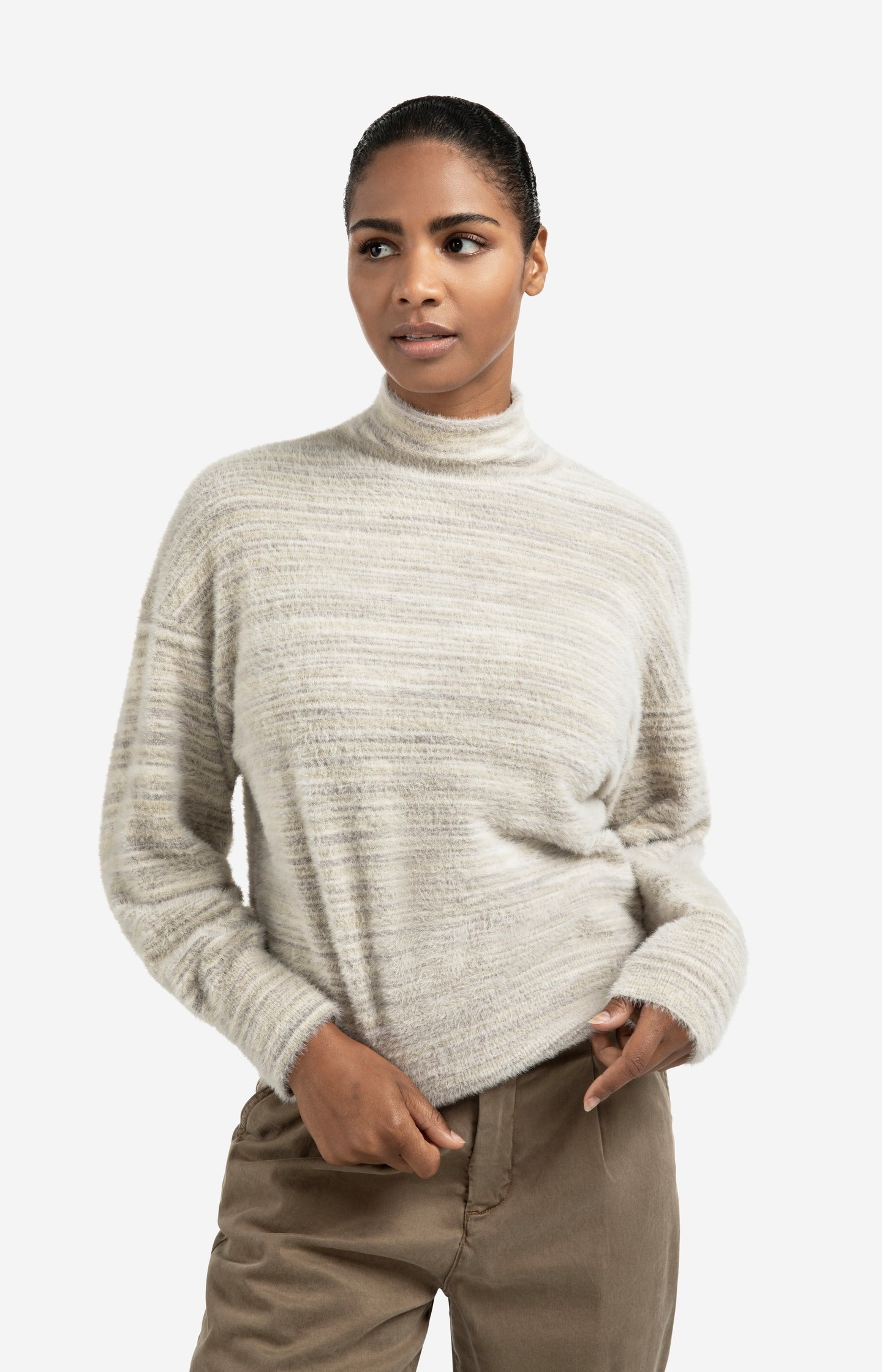 Soft fluffy sweater with turtleneck and subtle stripe mix