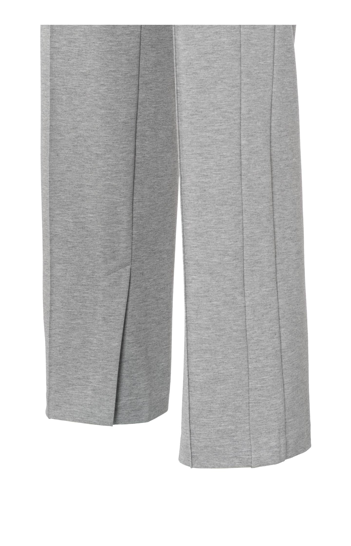 Soft grey trousers with straight legs and crease details