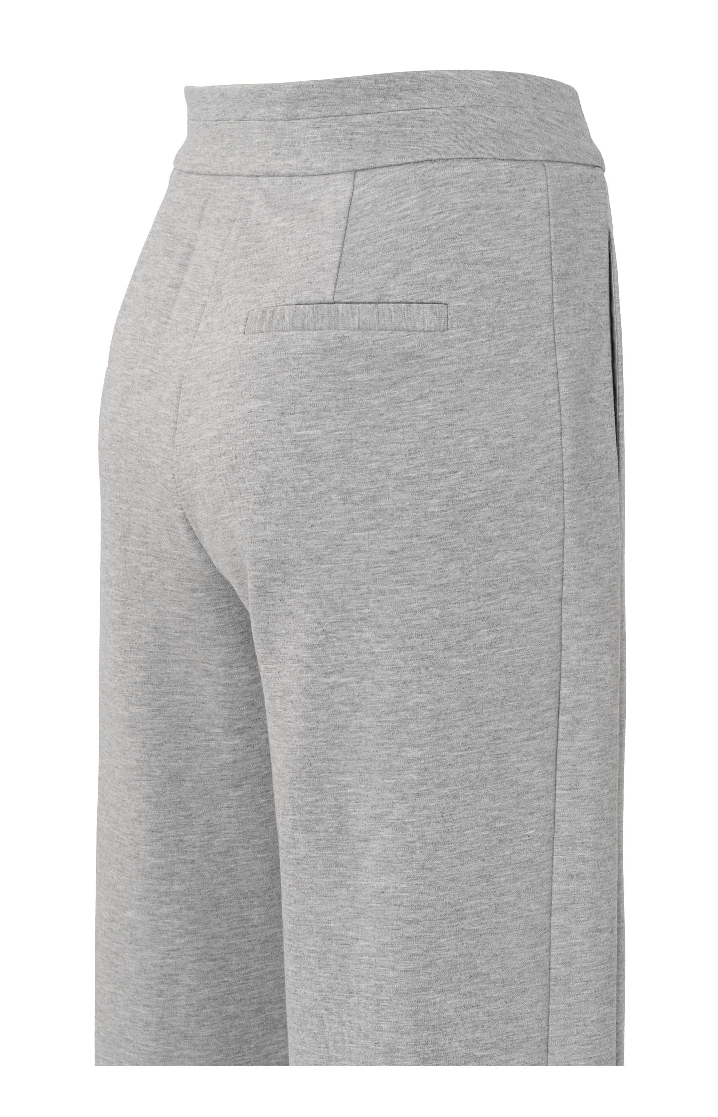 Soft grey trousers with straight legs and crease details