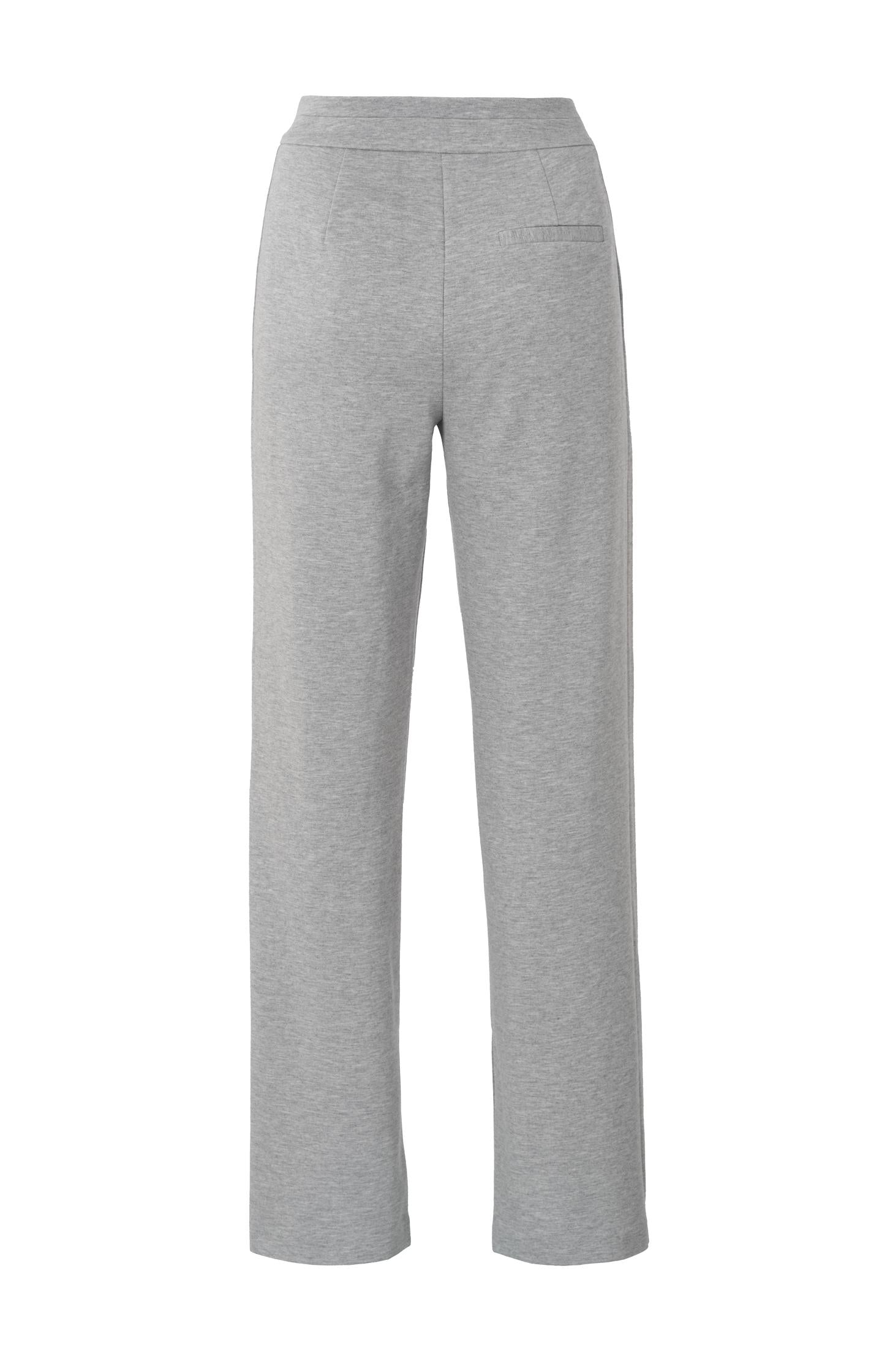 Soft grey trousers with straight legs and crease details