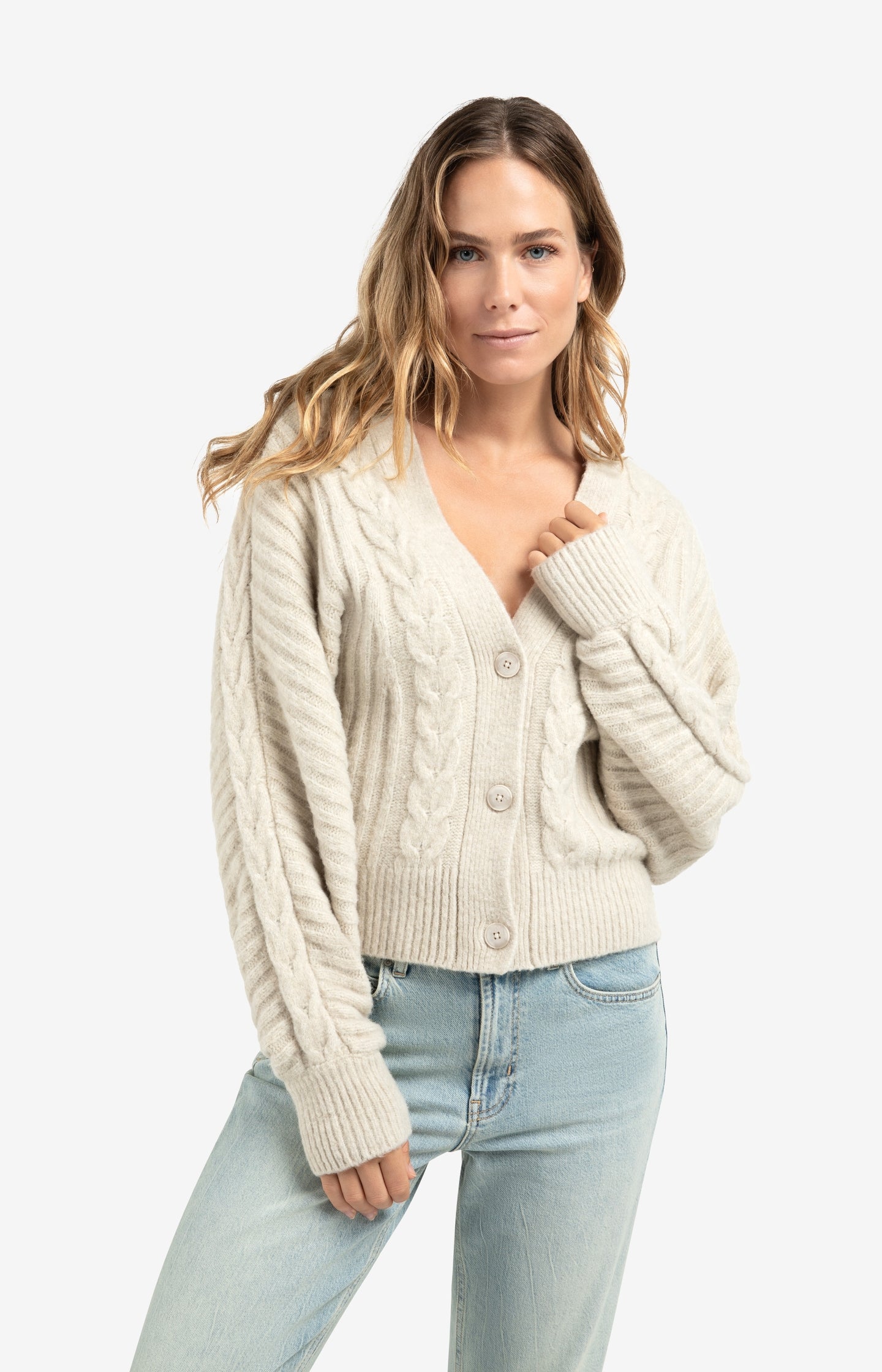 Soft knit cardigan with cables and batwing sleeves