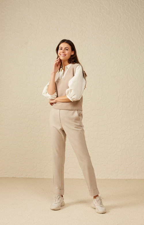 Soft pantalon with straight leg, pockets and elastic waist - Pure Cashmere Brown Melange - Type: lookbook