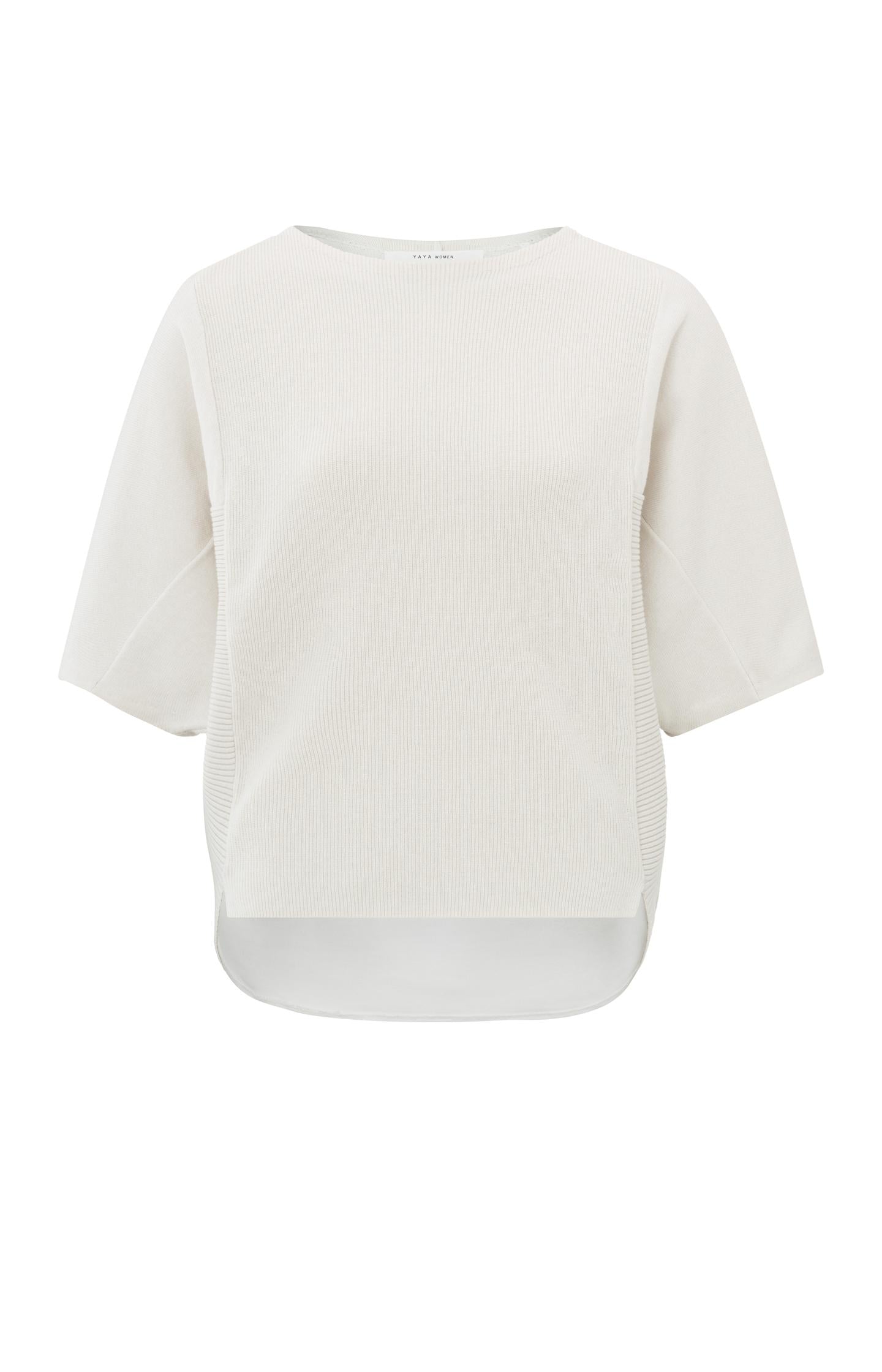 Soft round neck sweater with short sleeves and rib details - Type: product