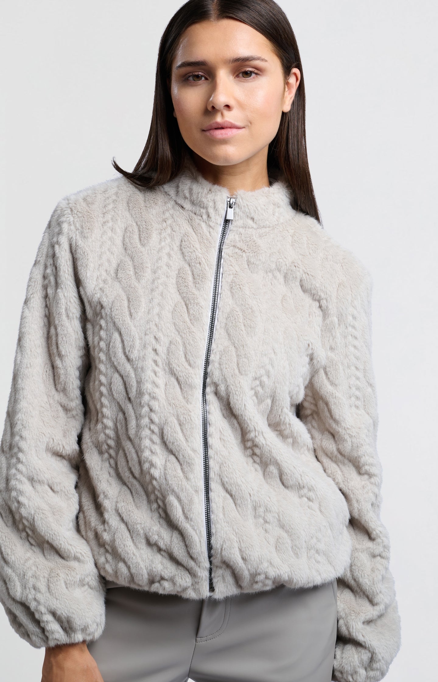 Soft short faux fur coat with cable pattern