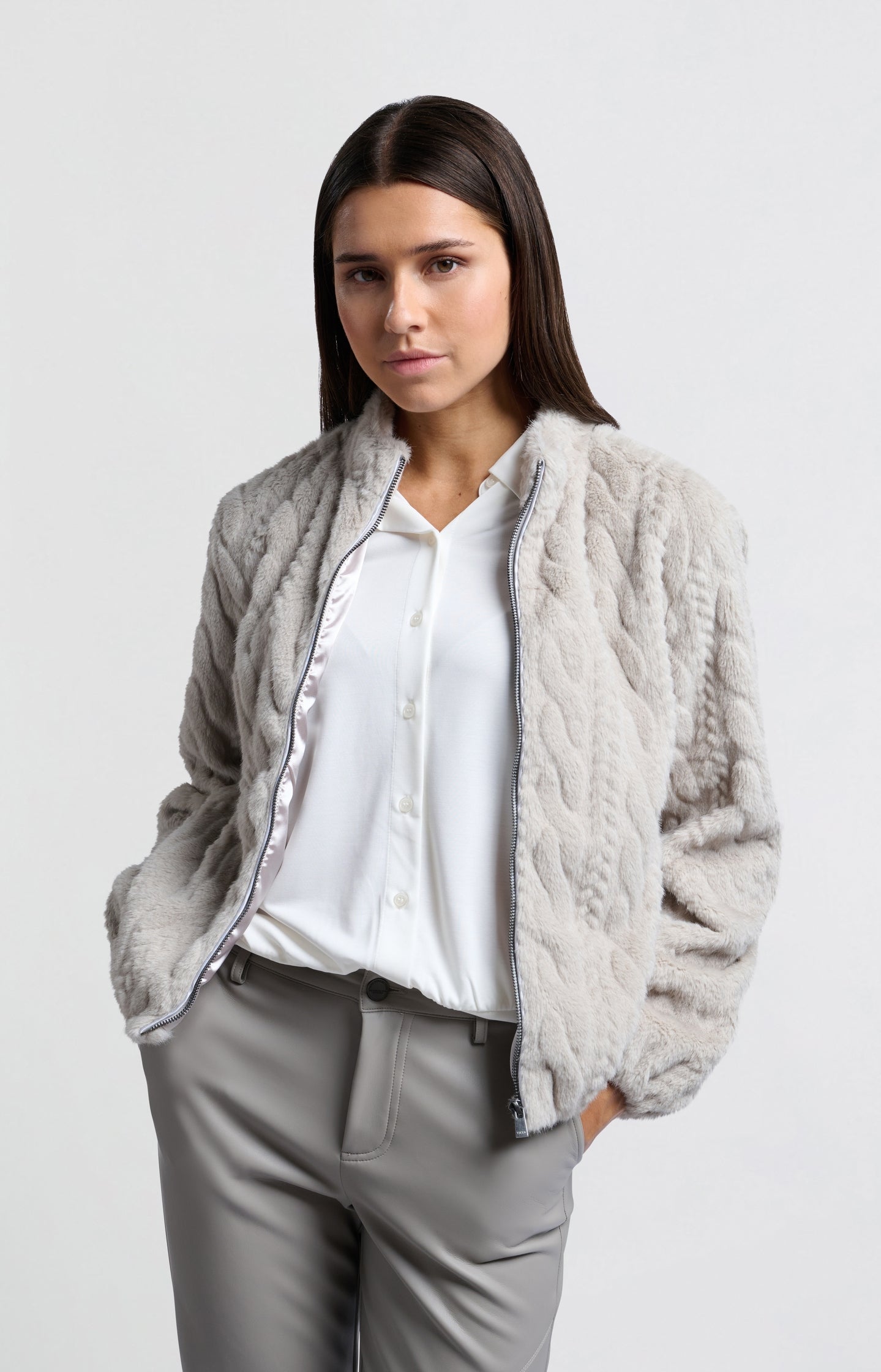 Soft short faux fur coat with cable pattern