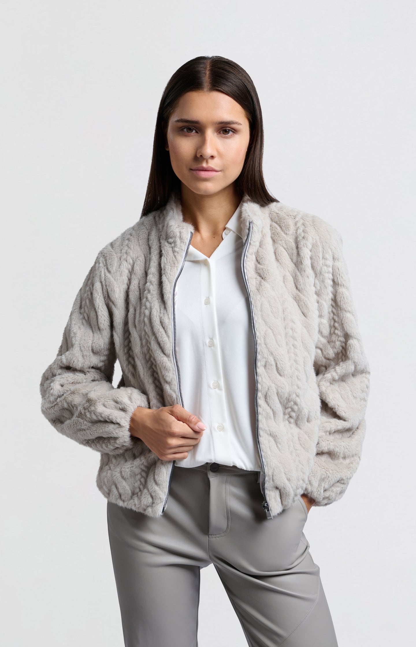 Soft short faux fur coat with cable pattern