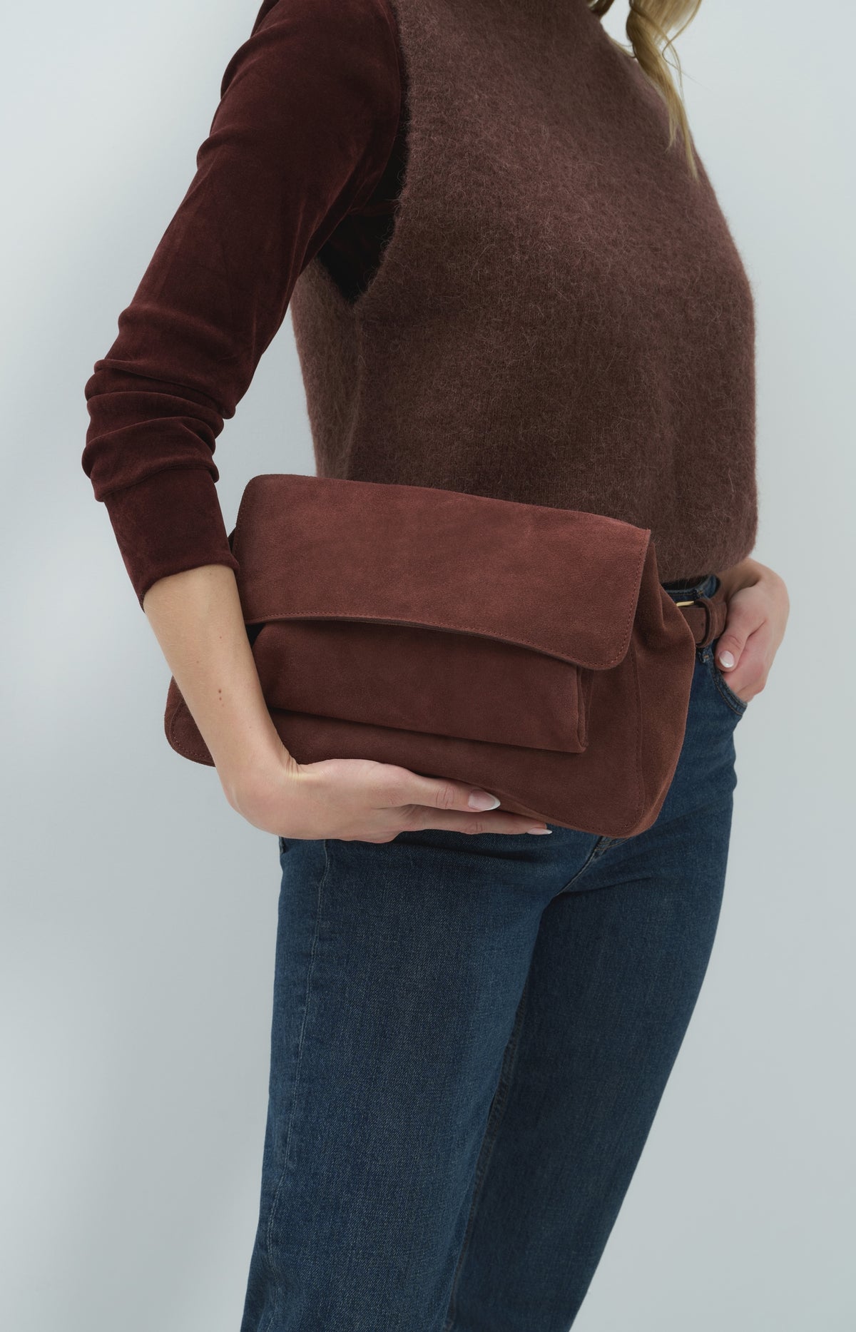 Soft suede shoulder bag with detachable strap - Red