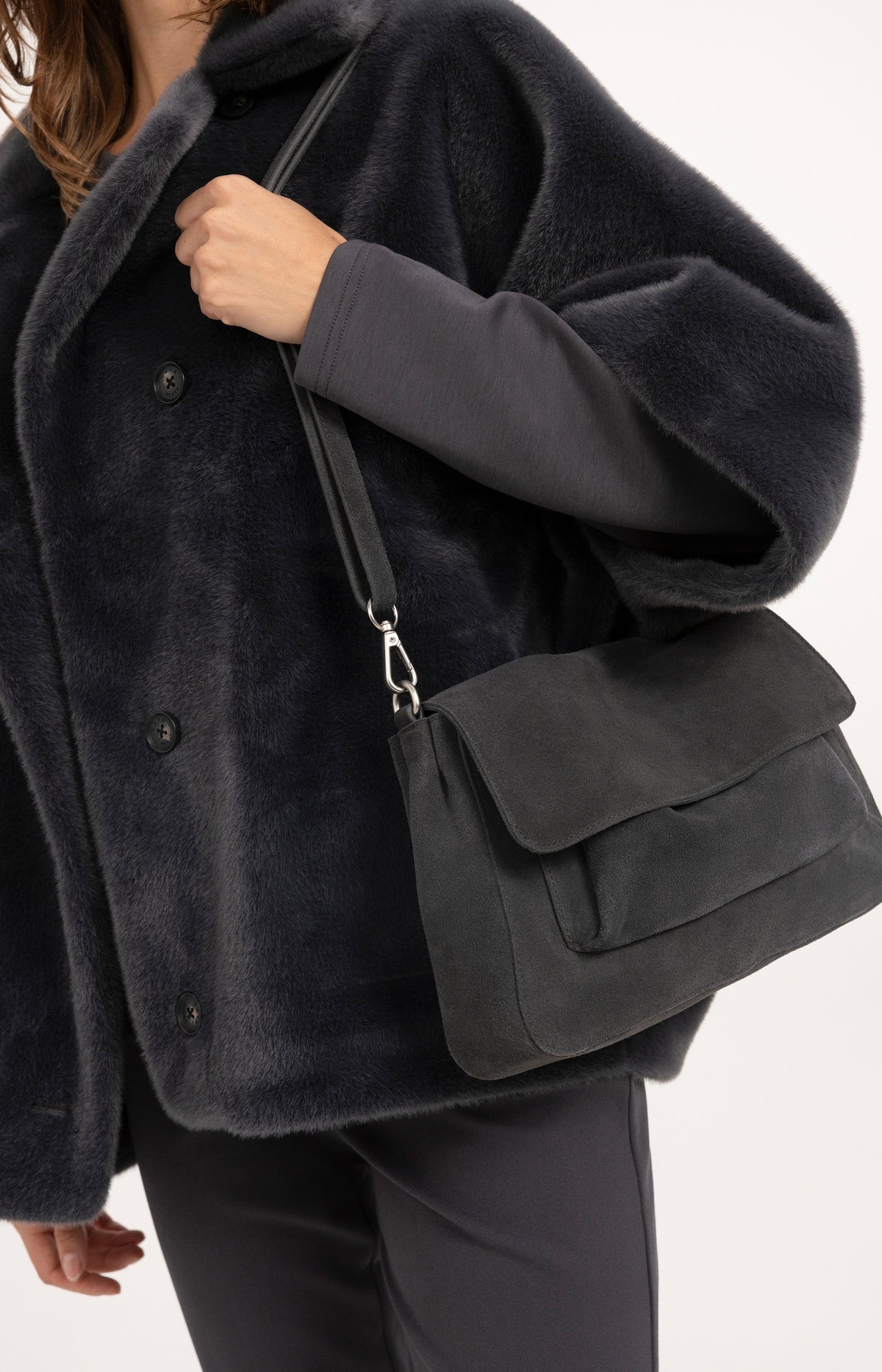 Soft suede shoulder bag with detachable strap