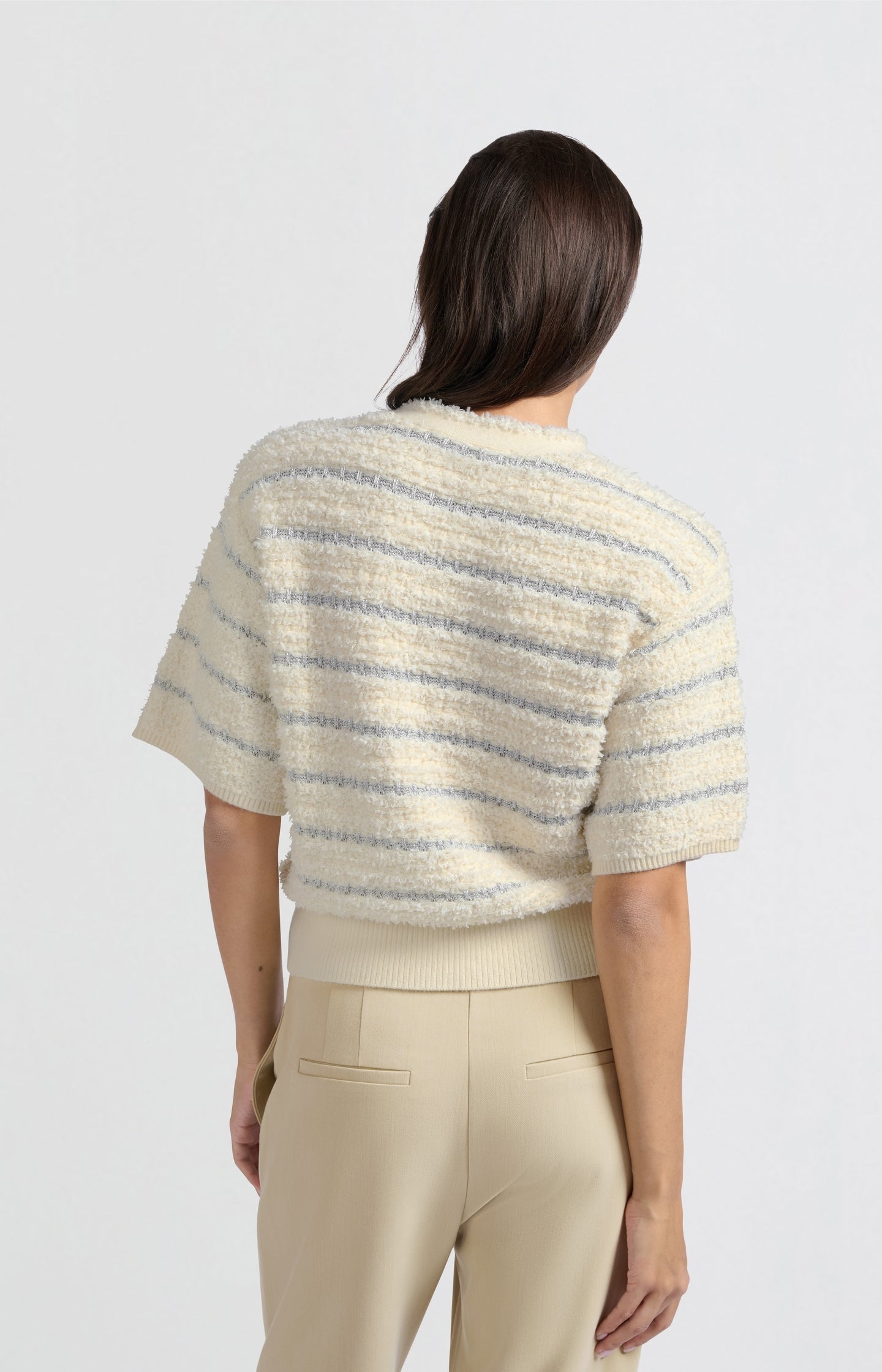 Soft sweater with shiny stripes and short sleeves