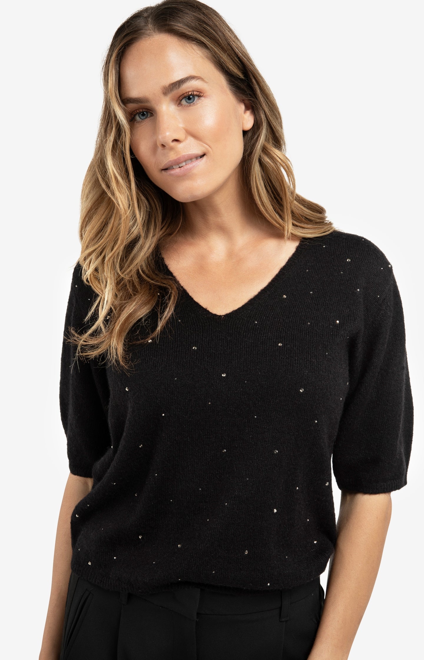 Soft V-neck sweater with rhinestone details