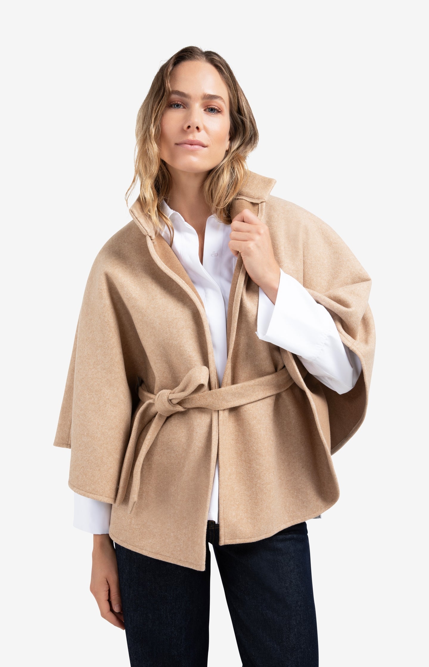 Soft woven poncho with collar and belt