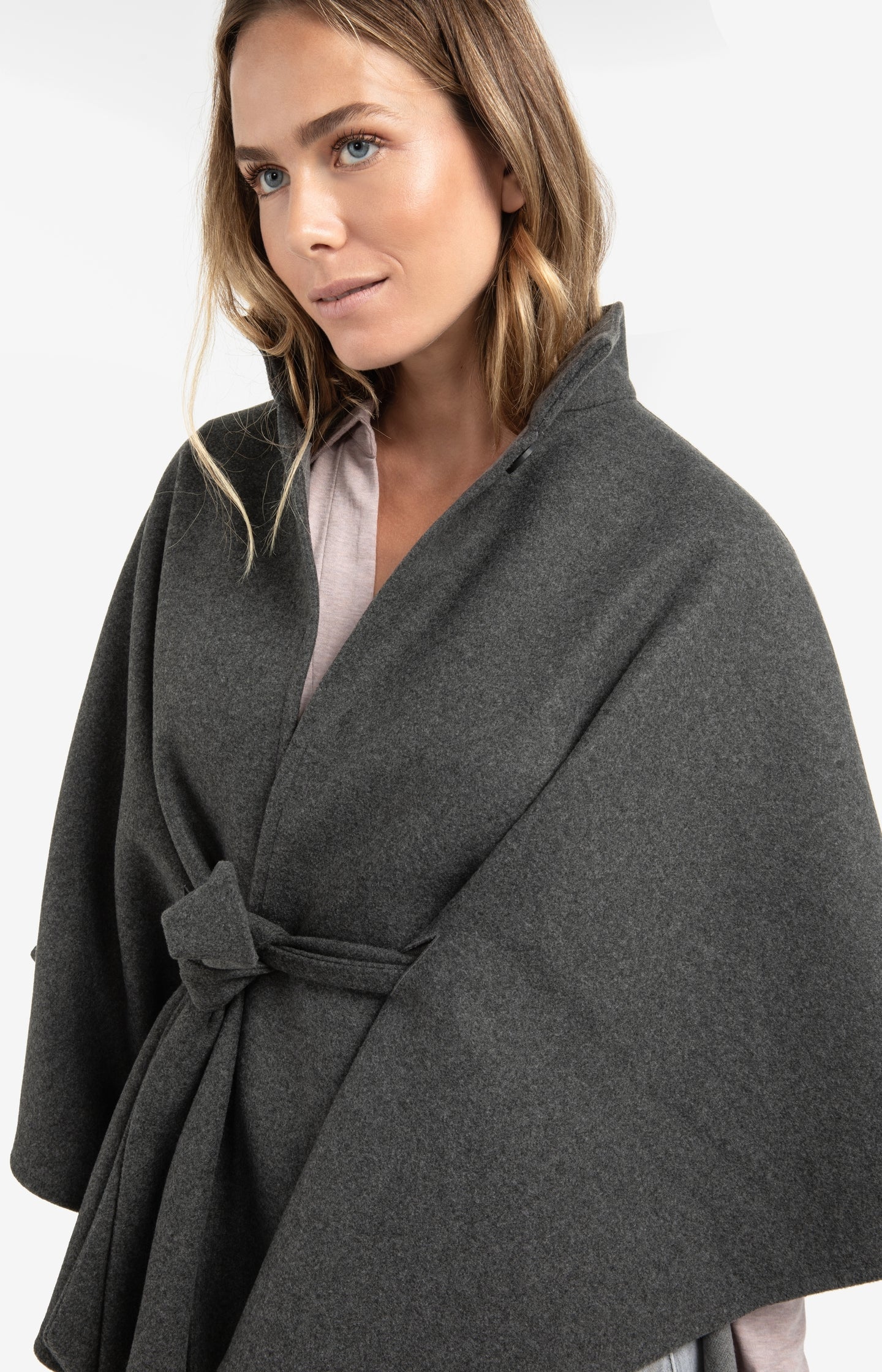 Soft woven poncho with collar and belt