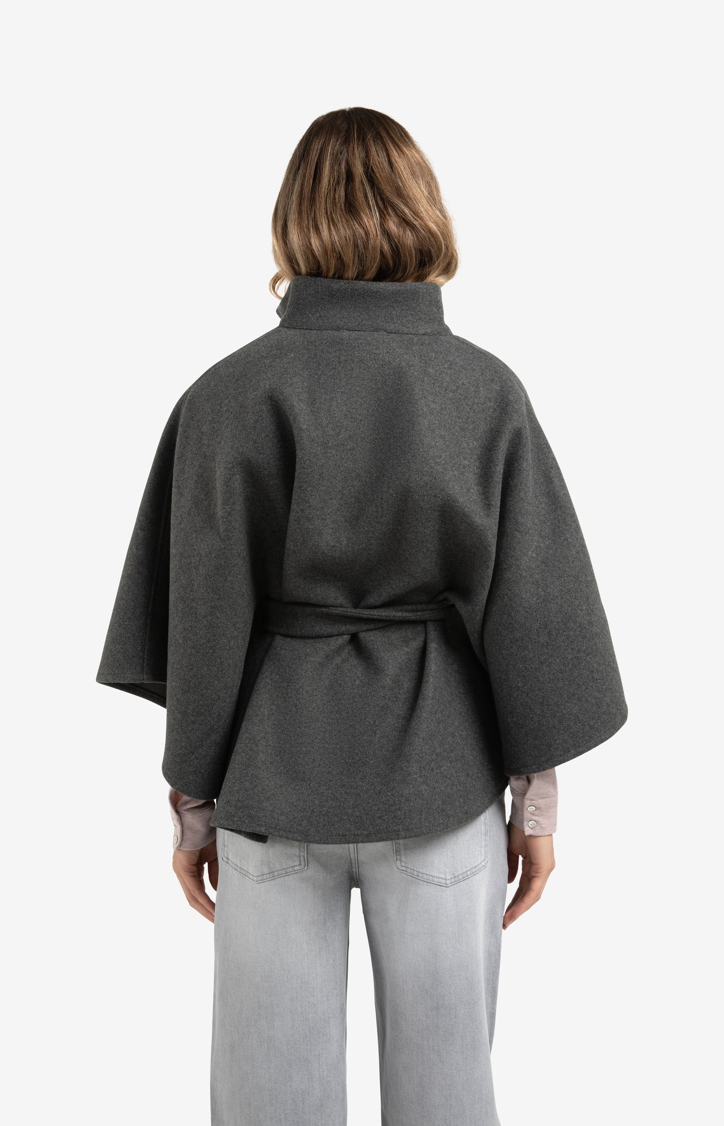 Soft woven poncho with collar and belt