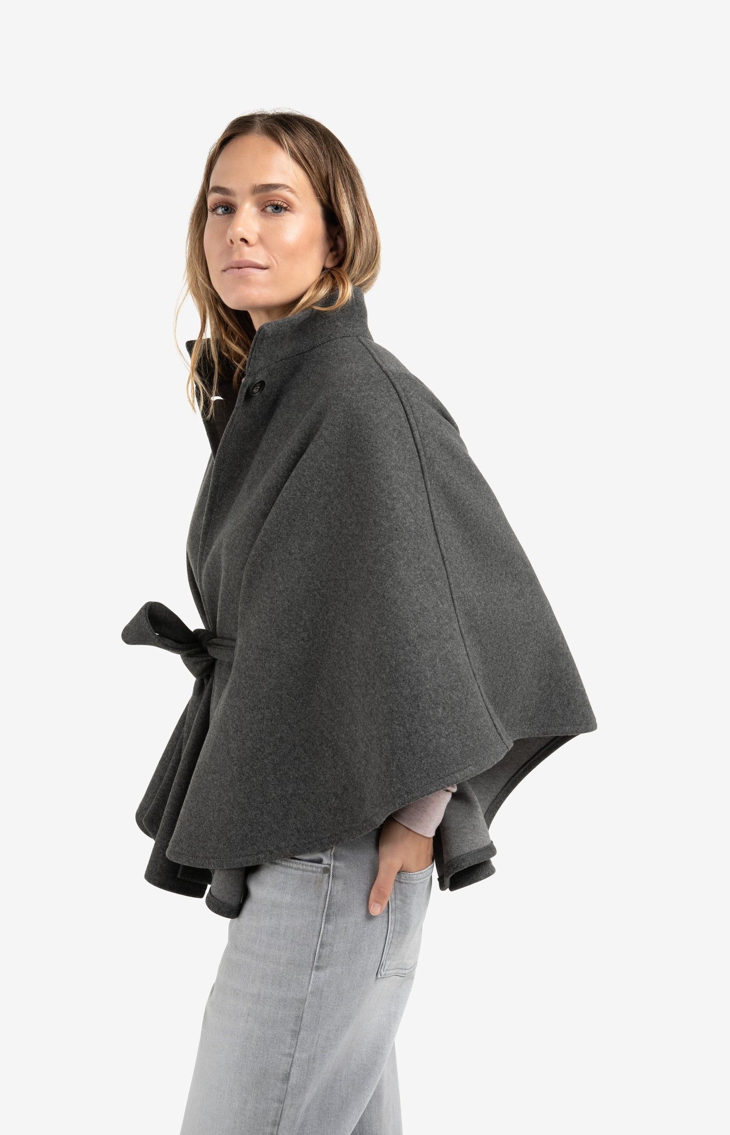 Soft woven poncho with collar and belt