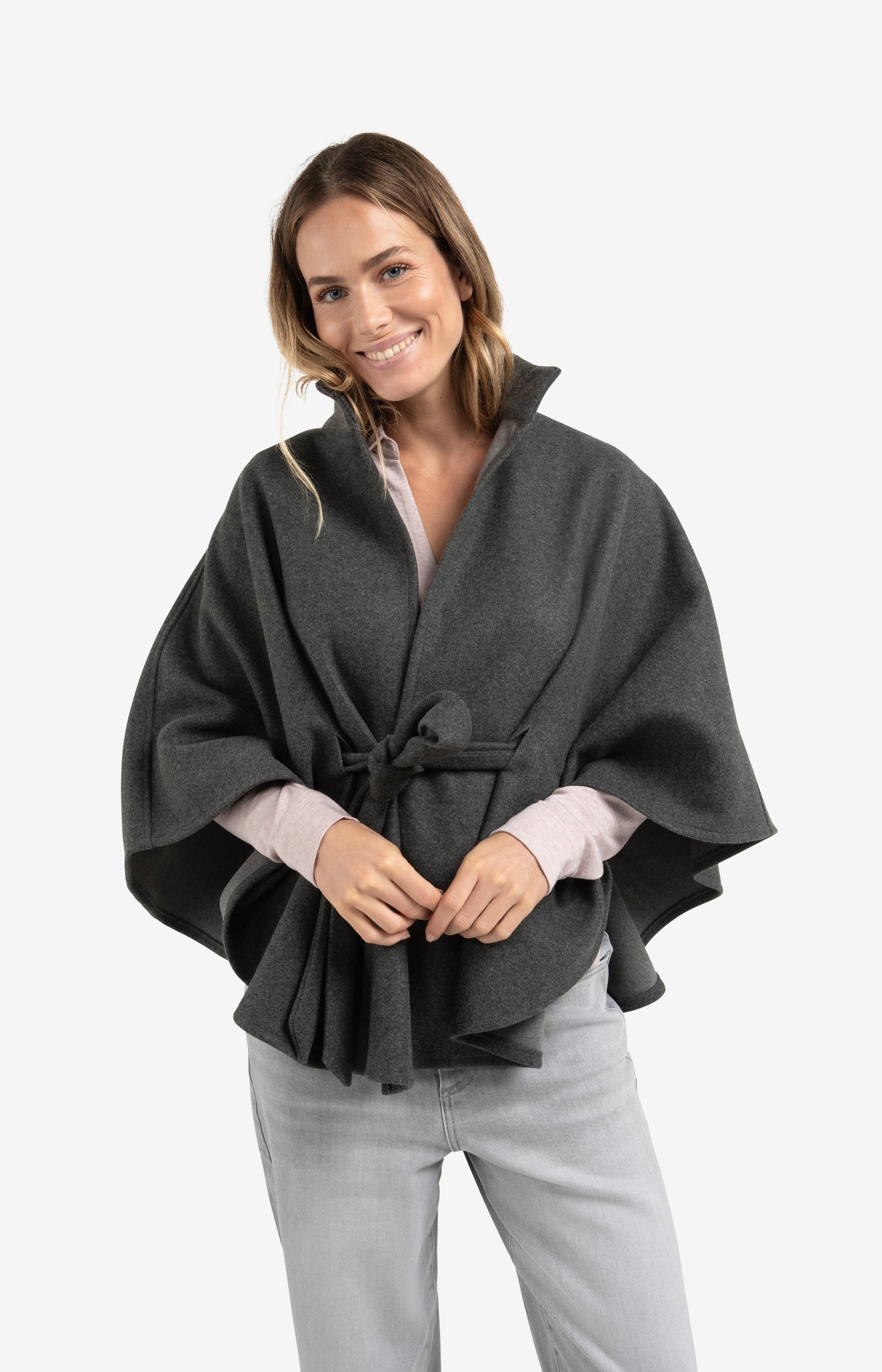 Soft woven poncho with collar and belt