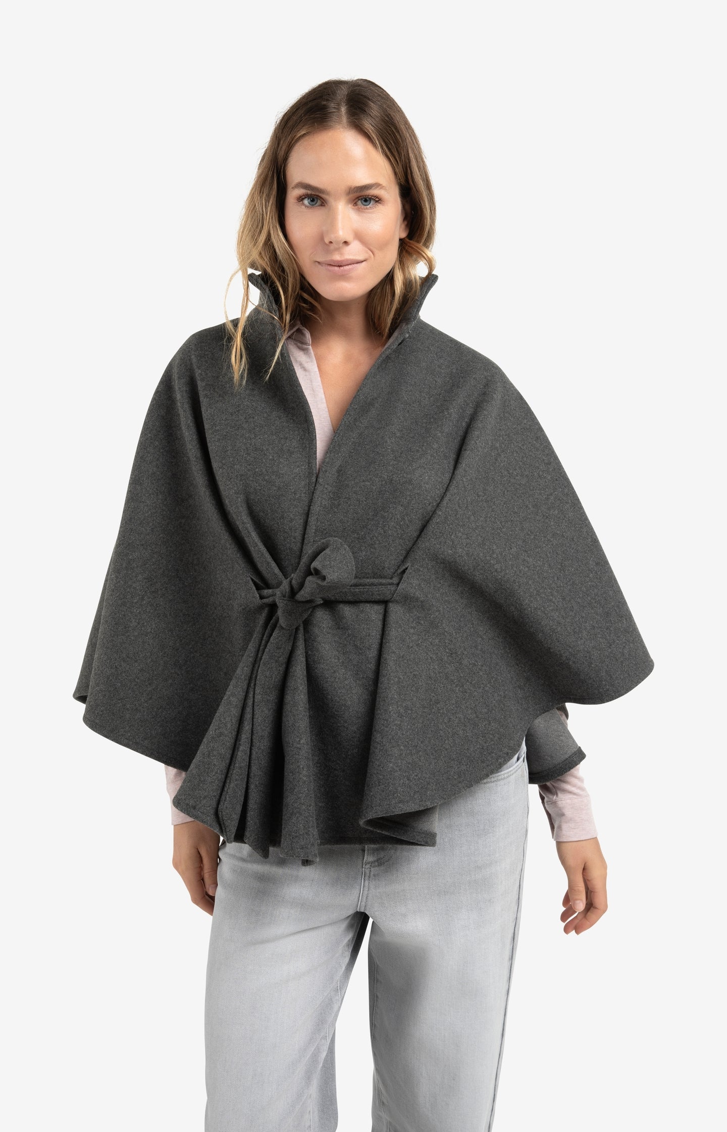 Soft woven poncho with collar and belt