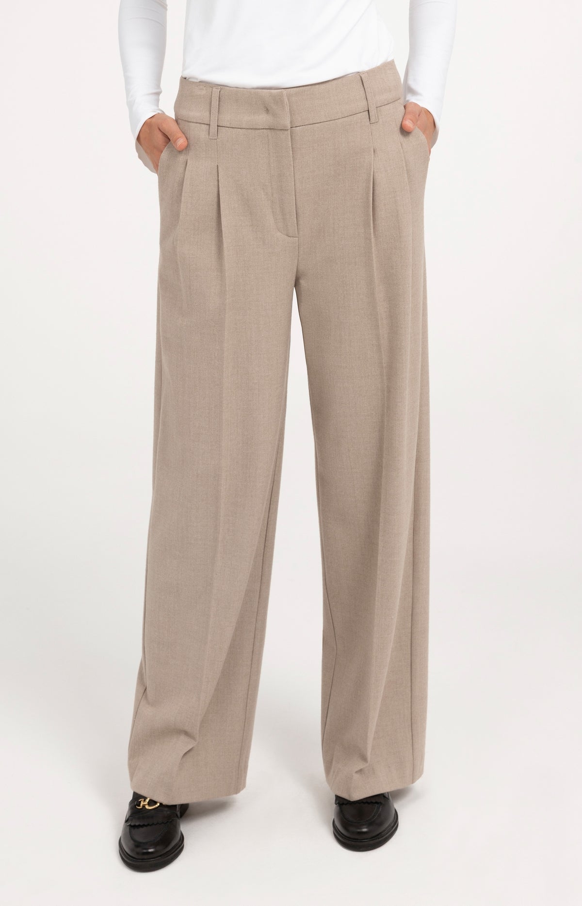 Zachte geweven pantalon met wijde pijpen - Beige Melange
