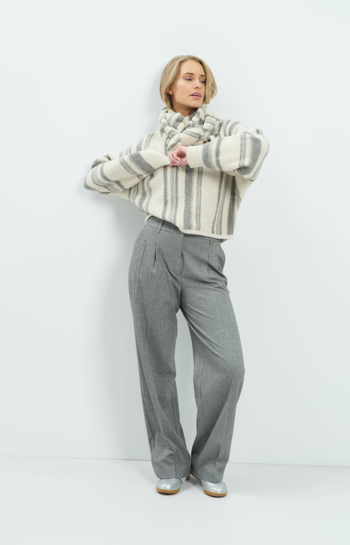 Zachte geweven pantalon met wijde pijpen - Medium Grey Melange