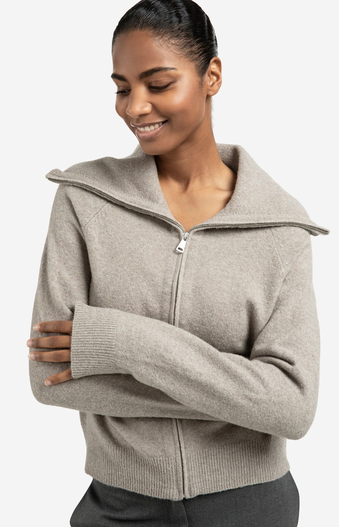 Soft zip-up cardigan with wide collar