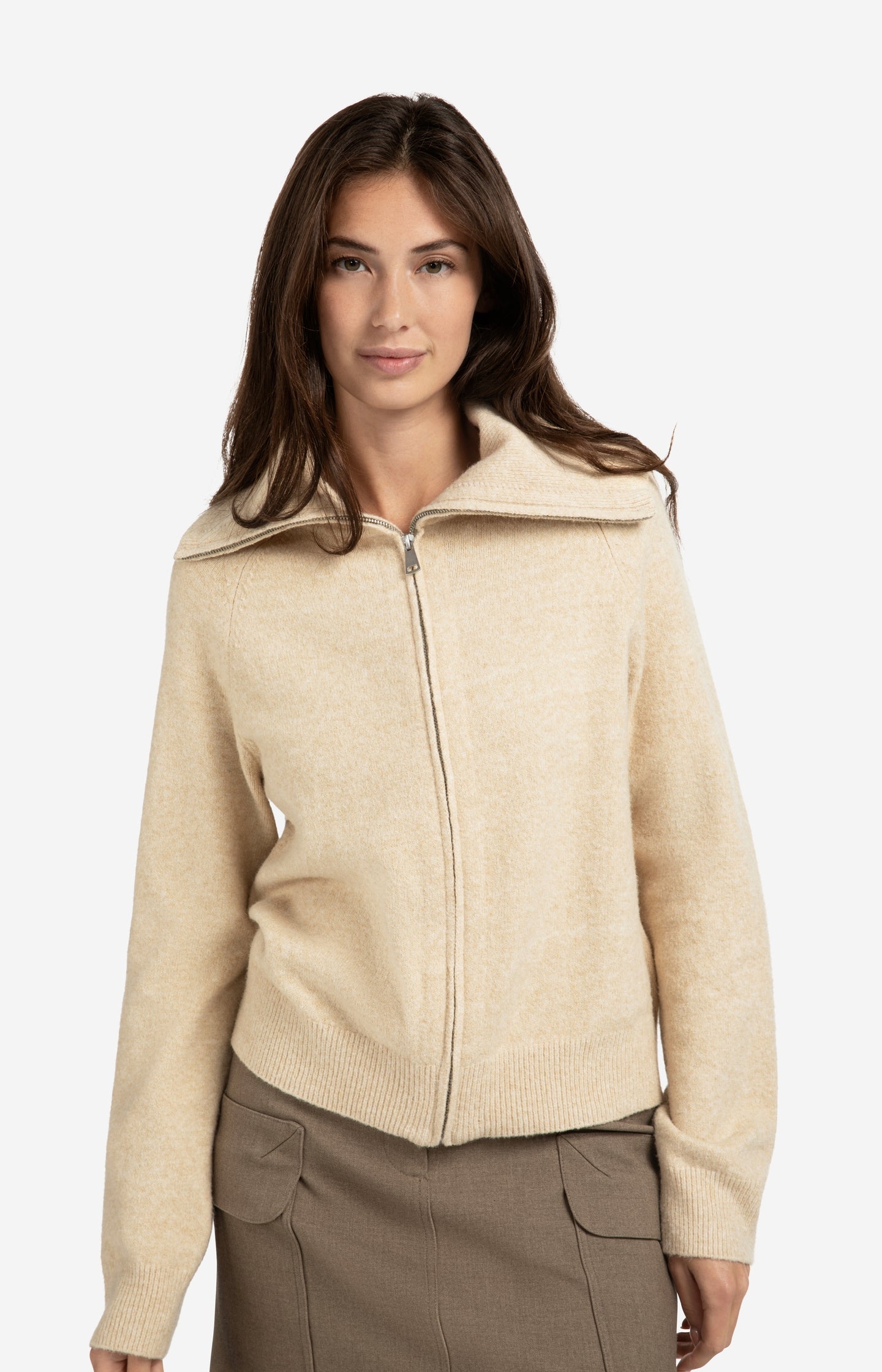 Soft zip-up cardigan with wide collar