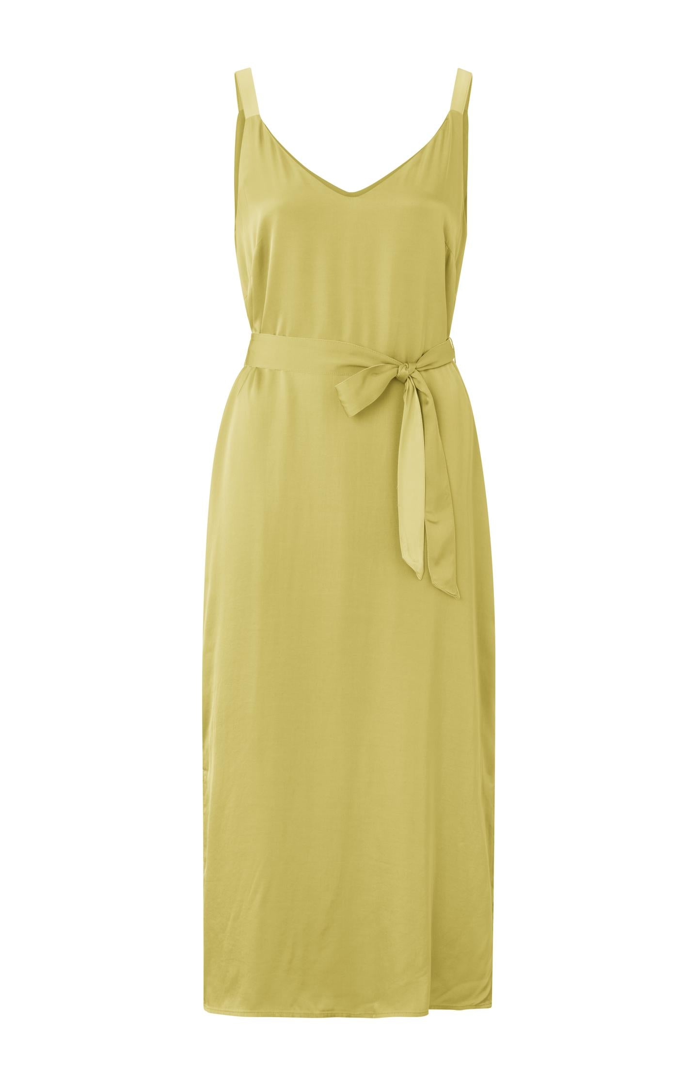 Strappy dress with V-neck, slit and waist cord in satin look - Type: product