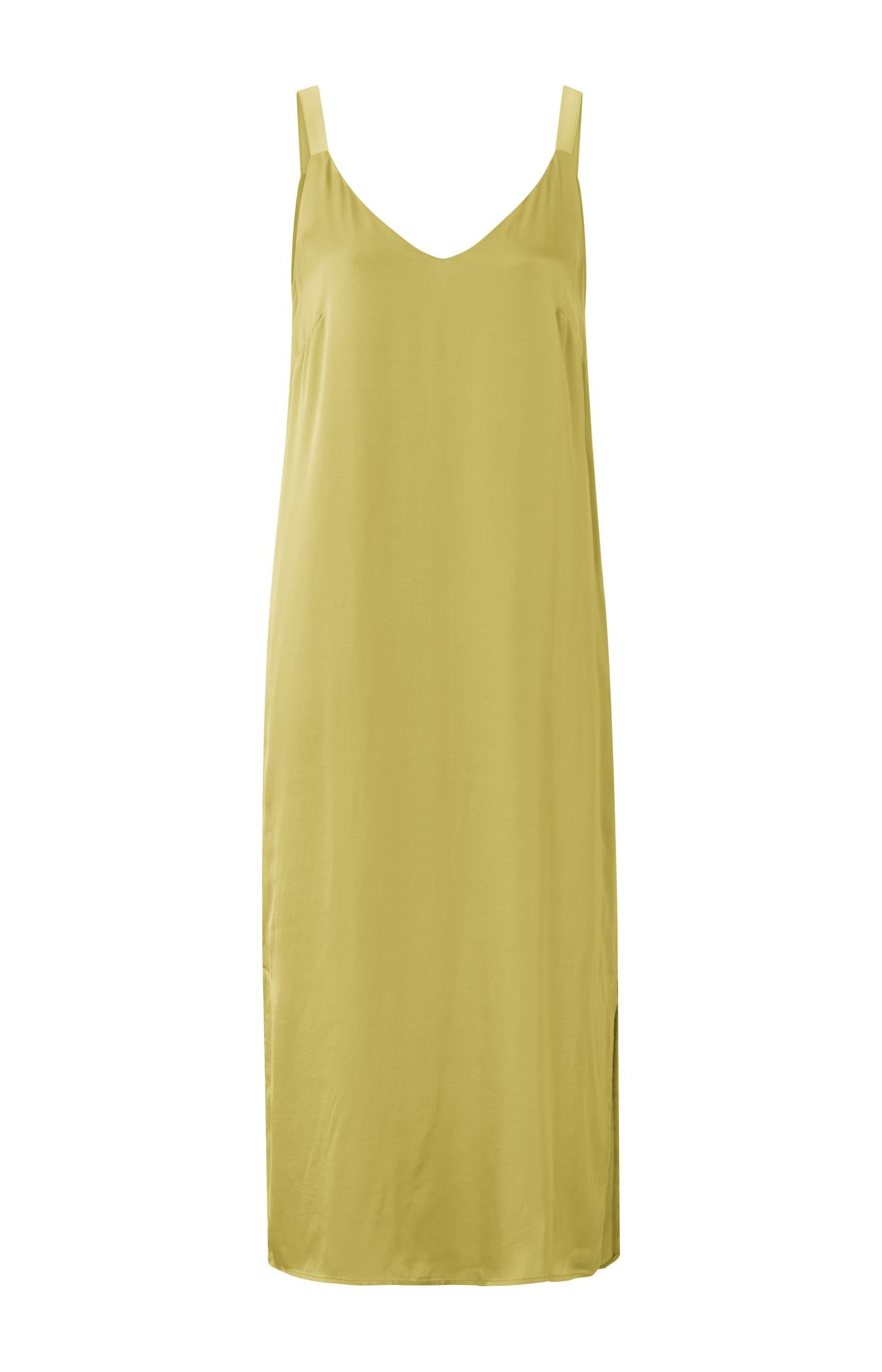 Strappy dress with V-neck, slit and waist cord in satin look