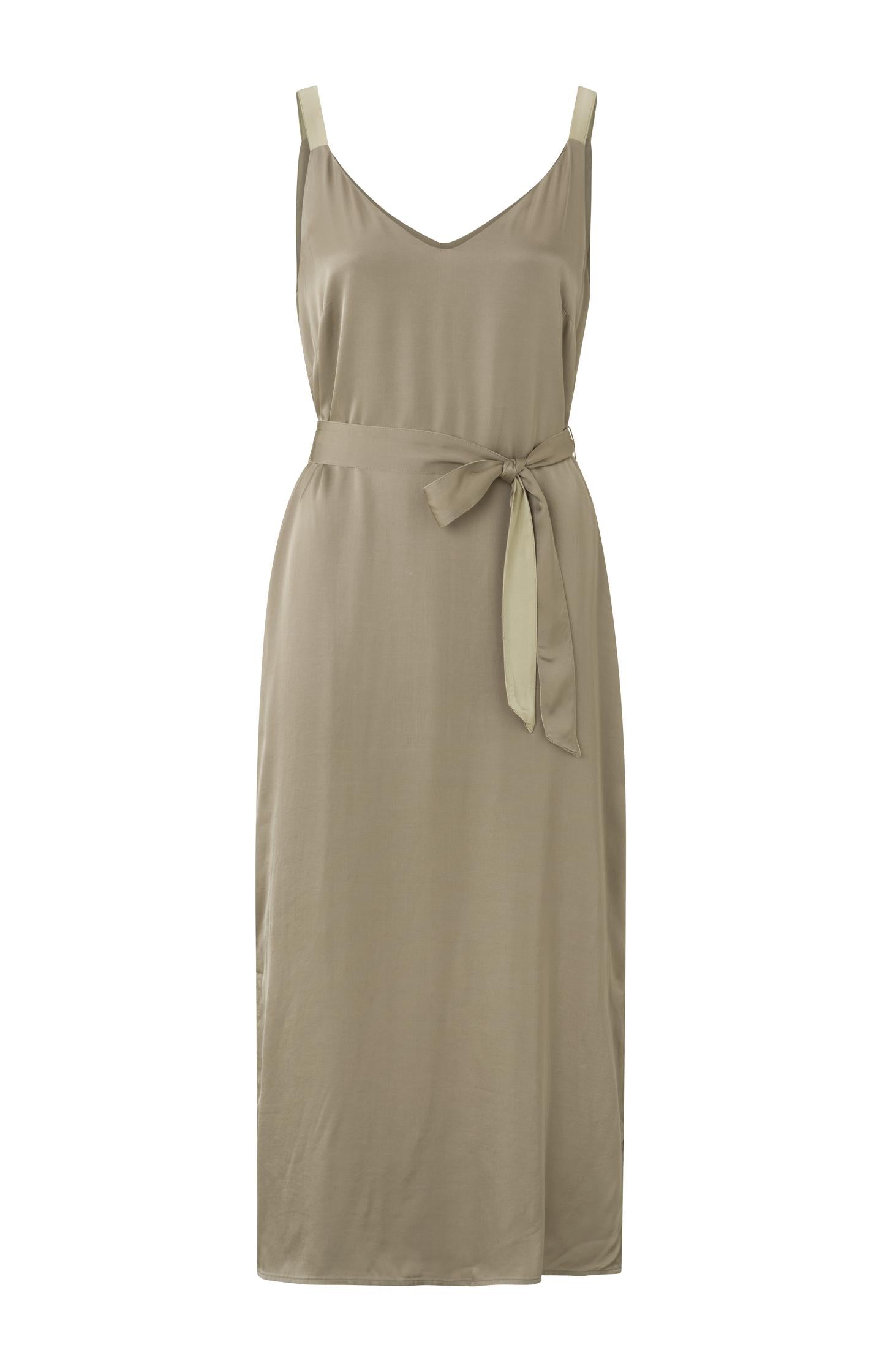 Strappy dress with V-neck, slit and waist cord in satin look - Type: product