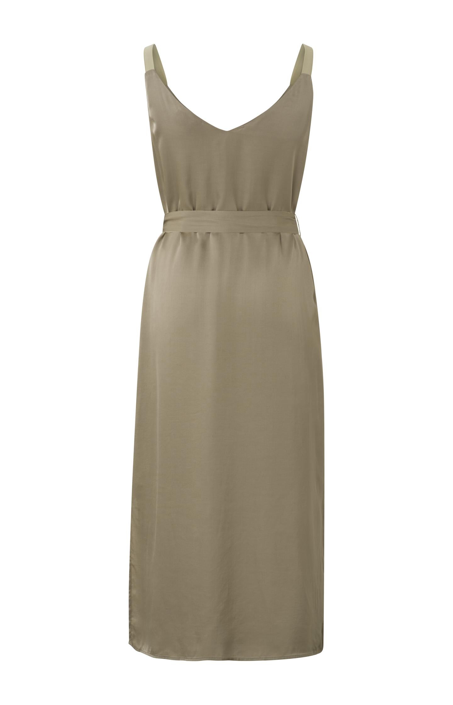 Strappy dress with V-neck, slit and waist cord in satin look