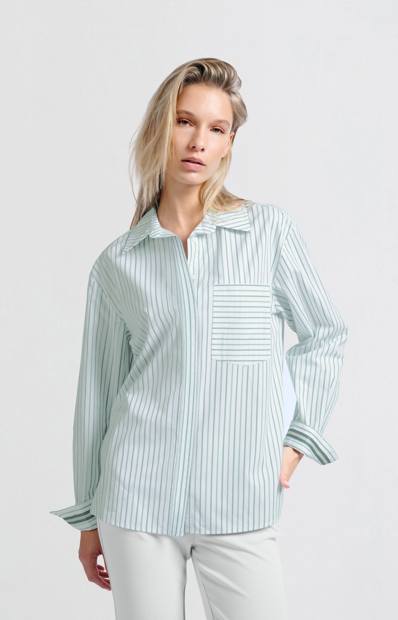 Striped blouse with chest pocket and cuff tape - Type: lookbook