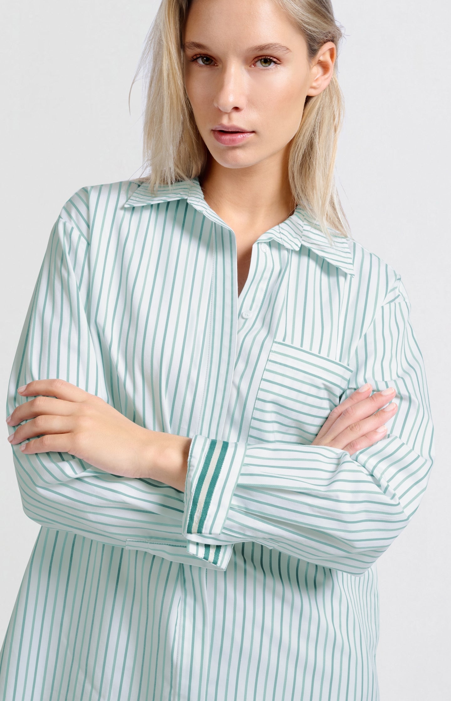 Striped blouse with chest pocket and cuff tape