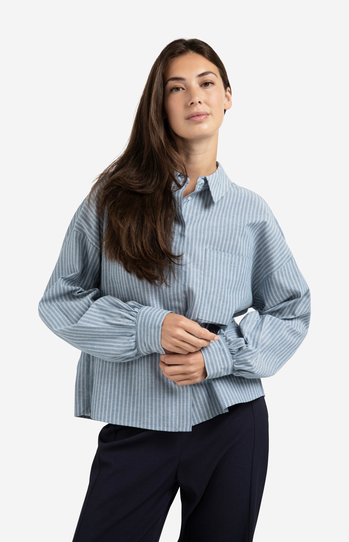 Striped blouse with chest pocket and long sleeves