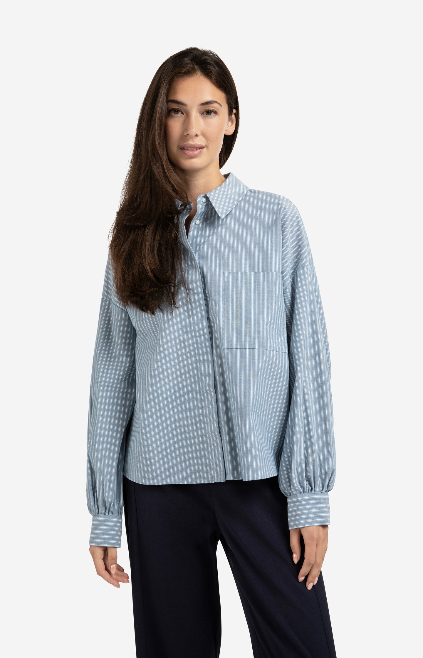 Striped blouse with chest pocket and long sleeves