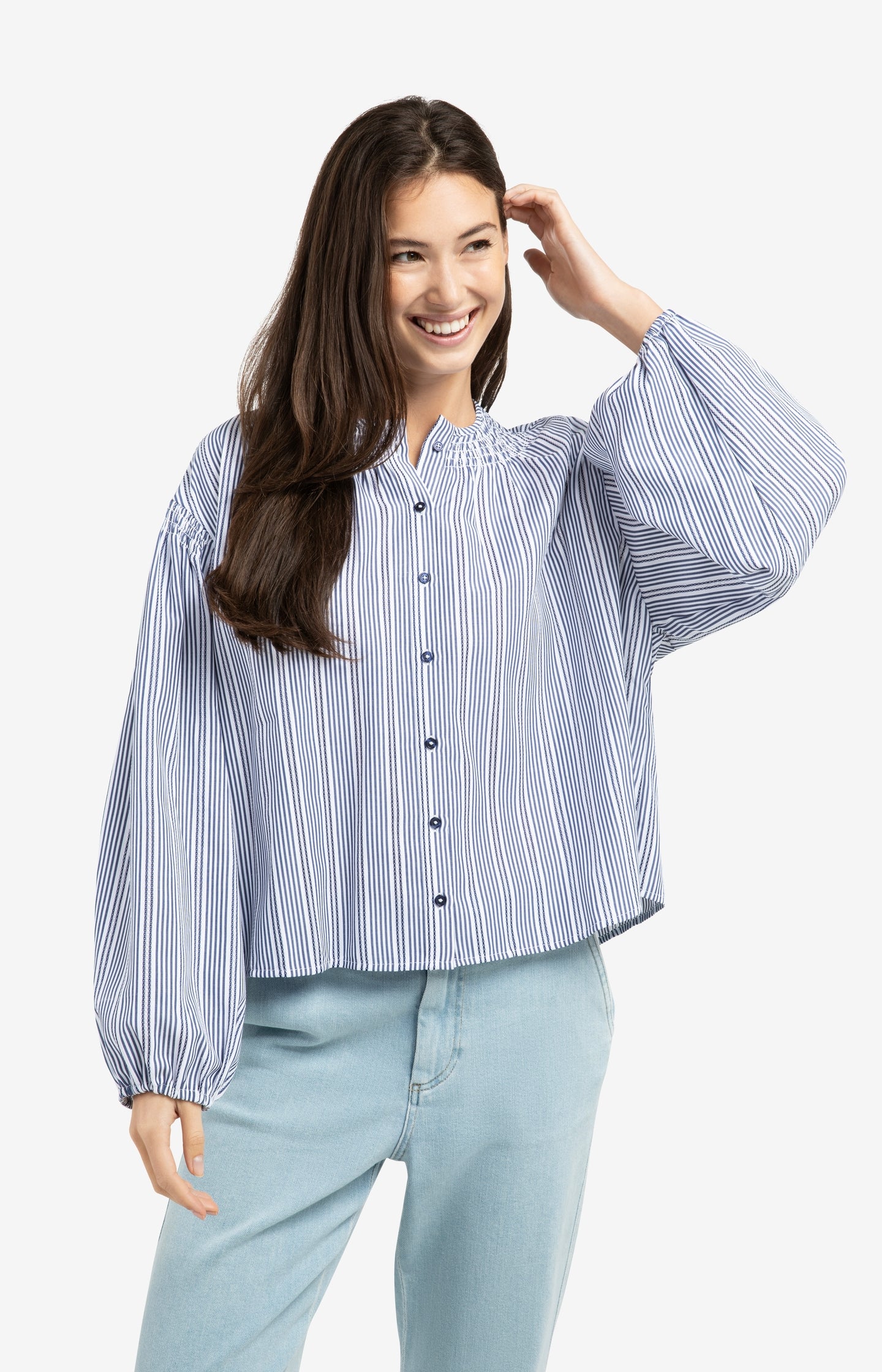 Striped blouse with shirred details at the shoulders