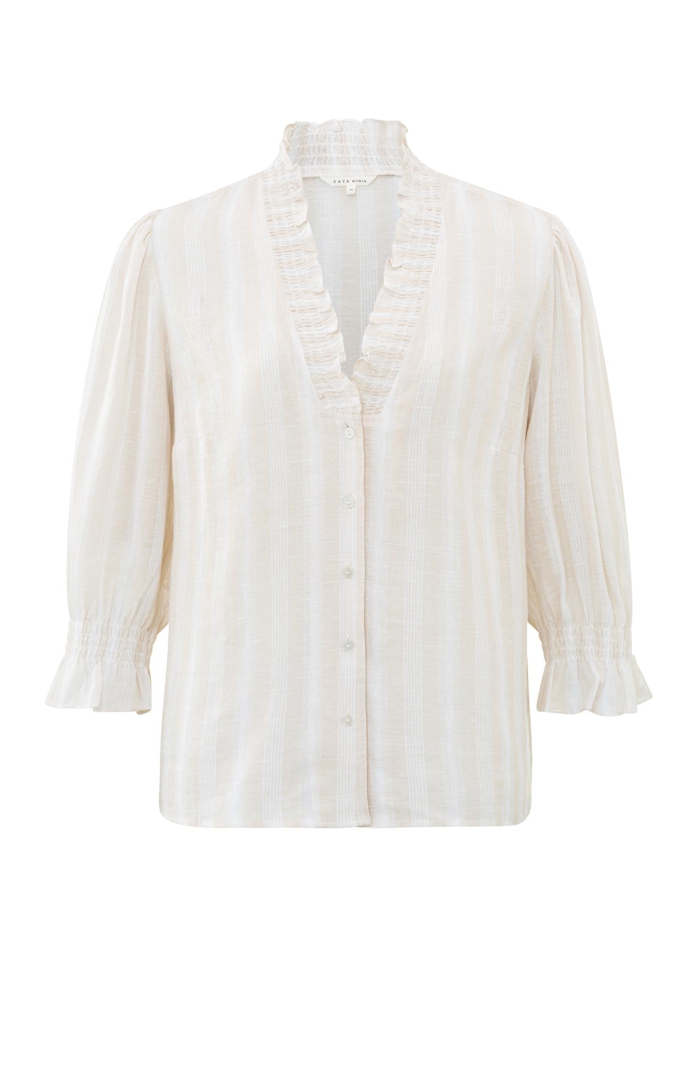 Striped blouse with V-neck, half long sleeves and ruffles - Type: product