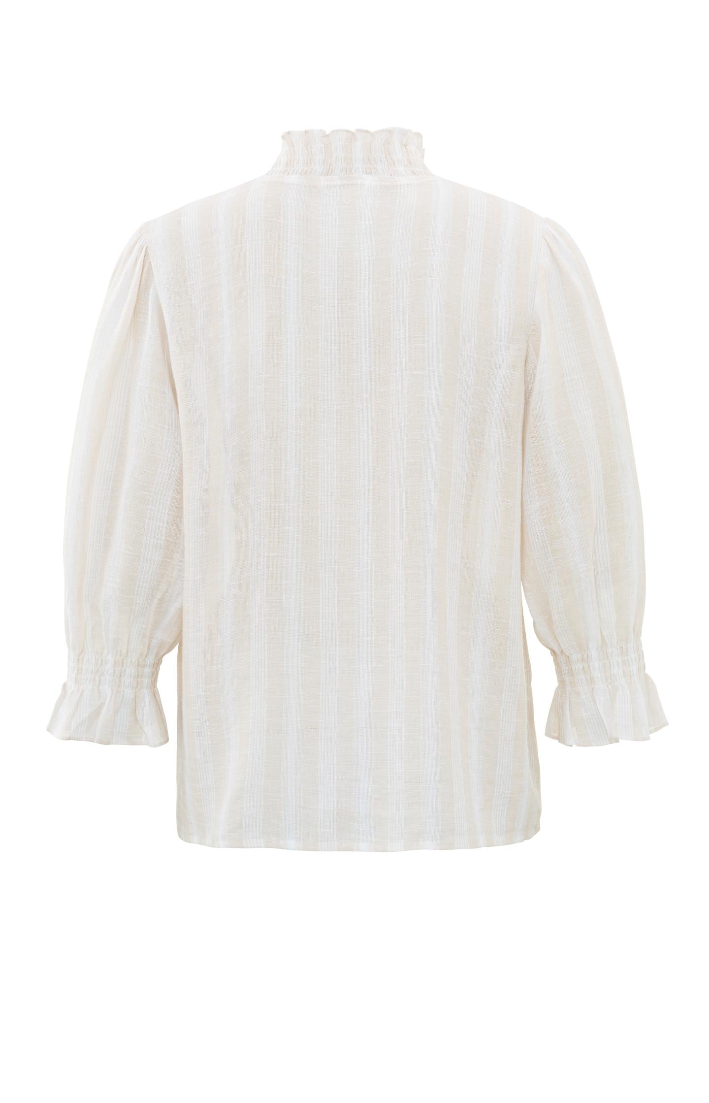 Striped blouse with V-neck, half long sleeves and ruffles