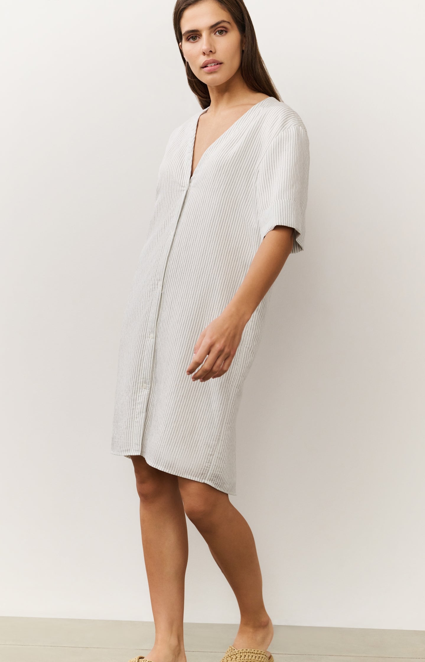 Striped dress with V-neck and crossover back