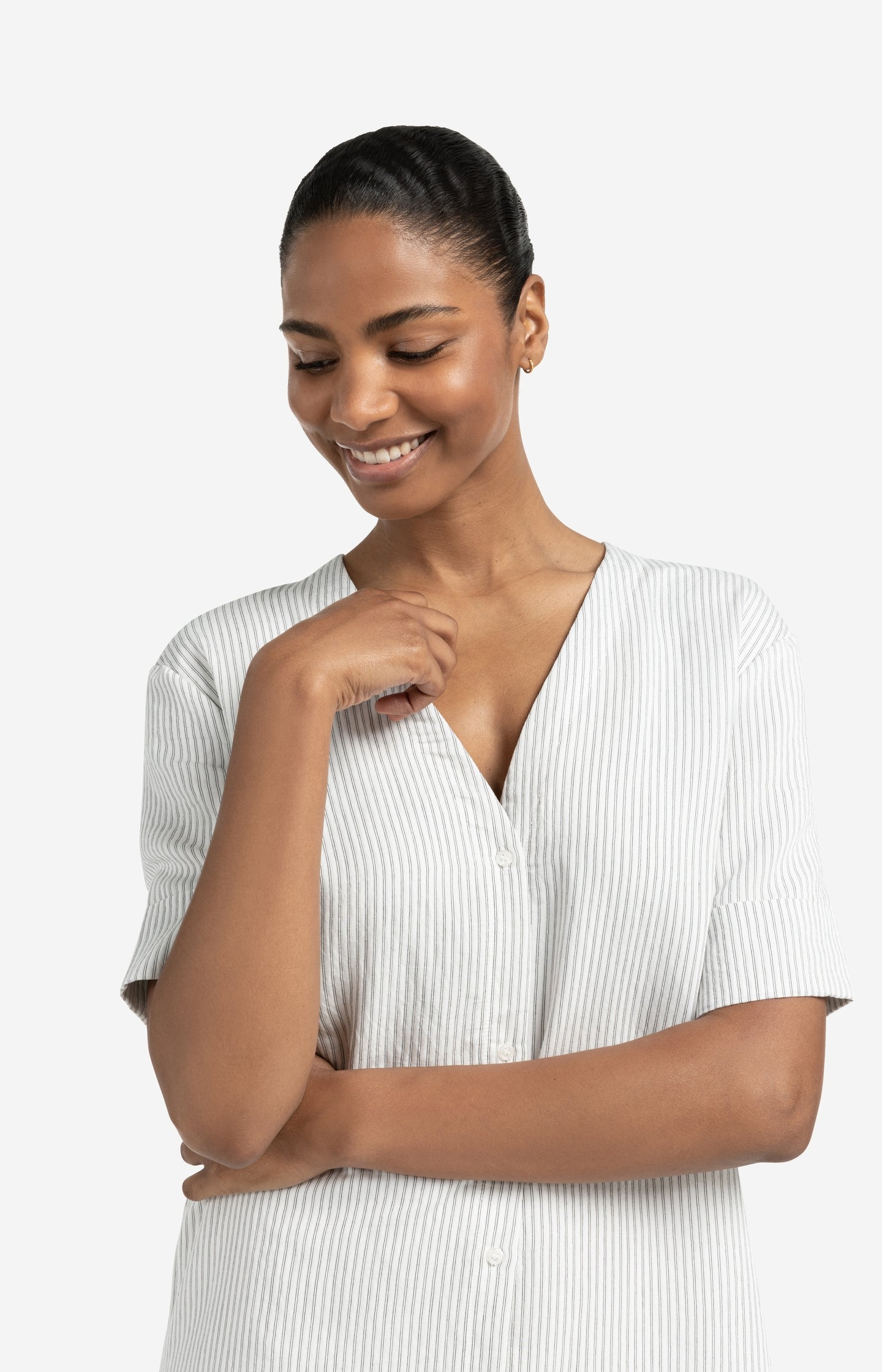 Striped dress with V-neck and crossover back