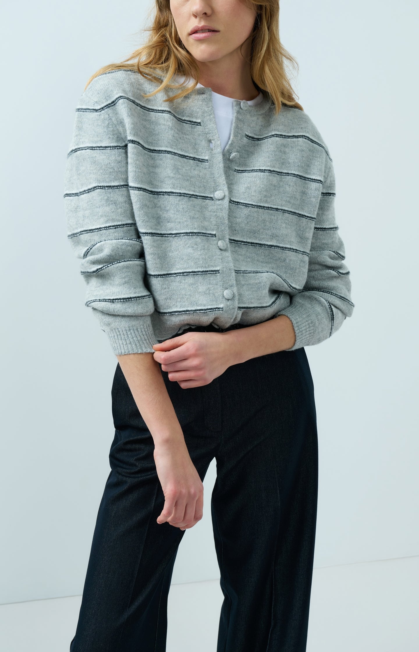 Striped knitted cardigan with tie detail