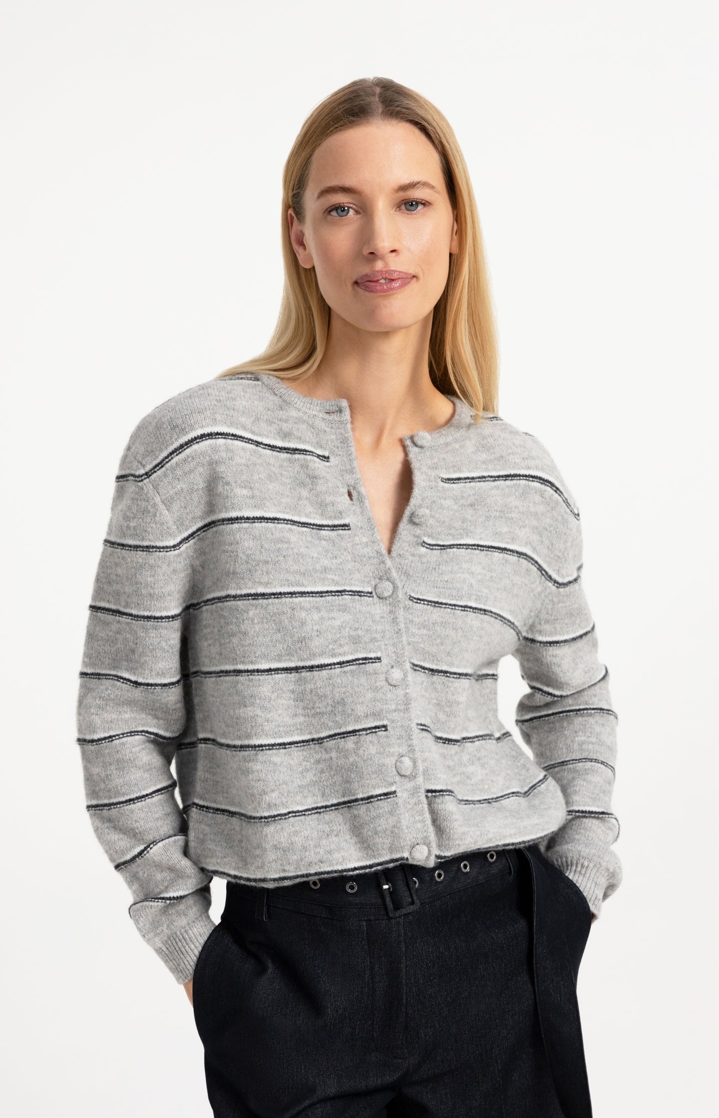Striped knitted cardigan with tie detail