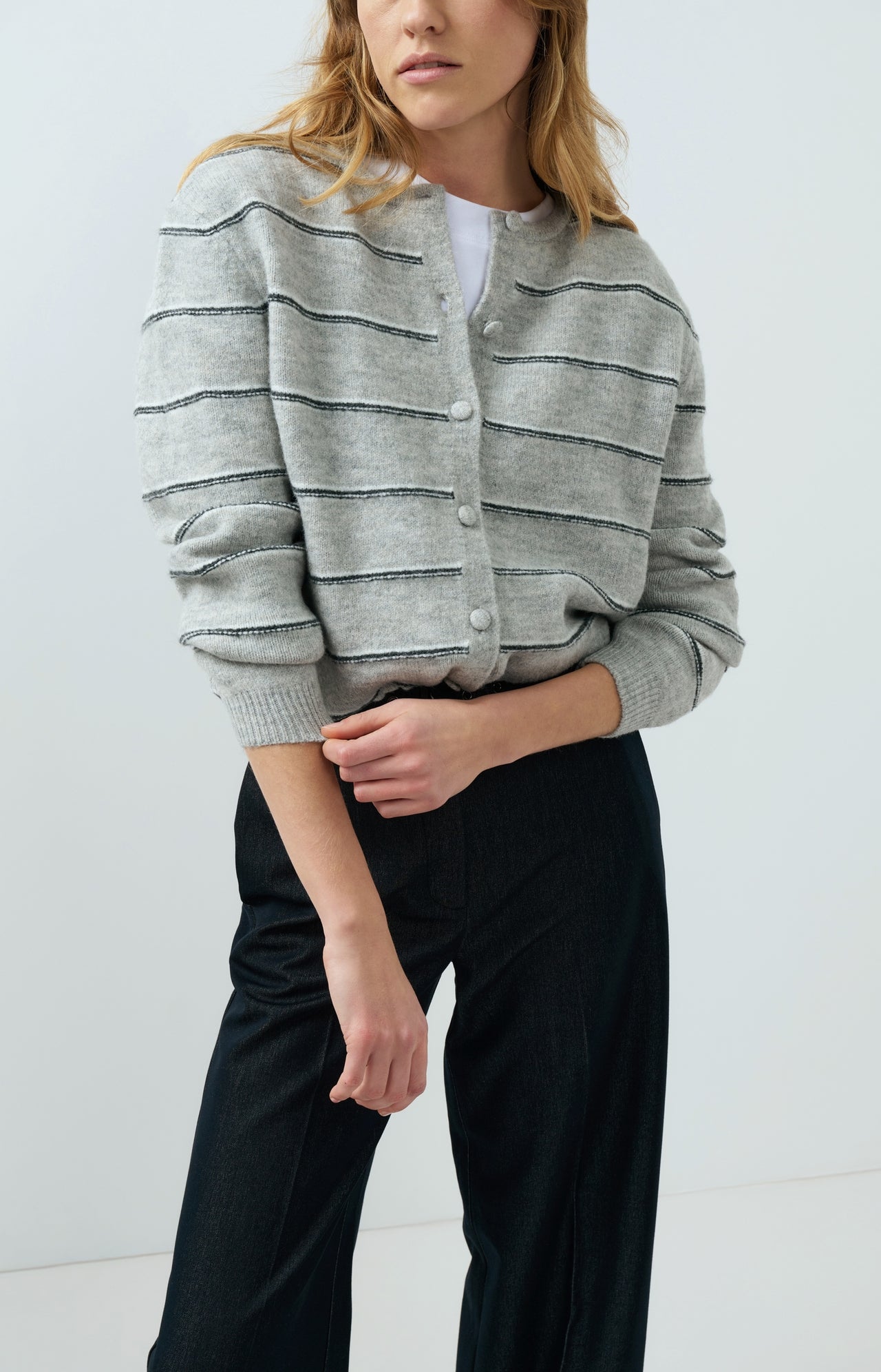 Striped knitted cardigan with tie detail